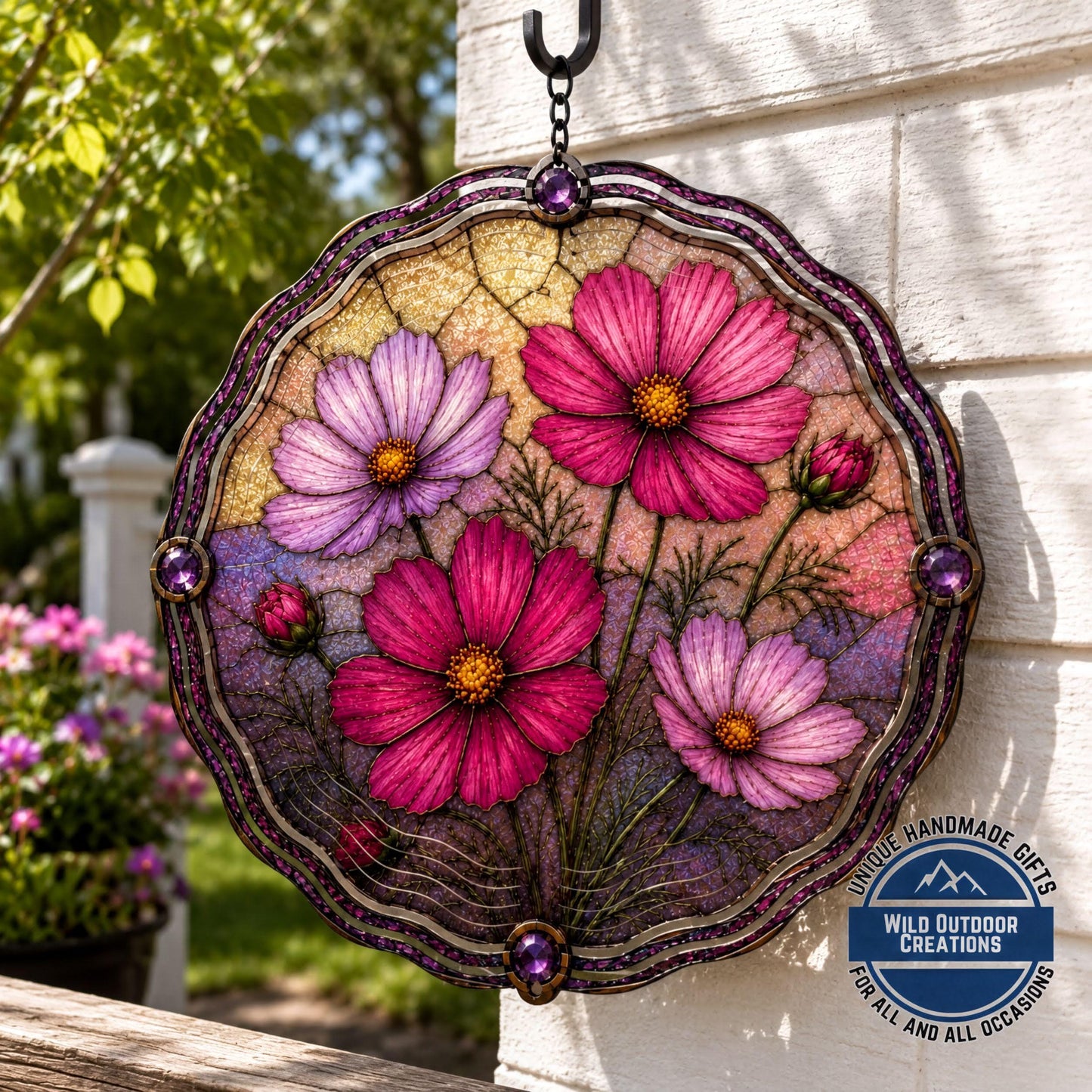 October Birth Flower Wind Spinner Cosmos Faux Stained Glass Garden Gift Yard Art