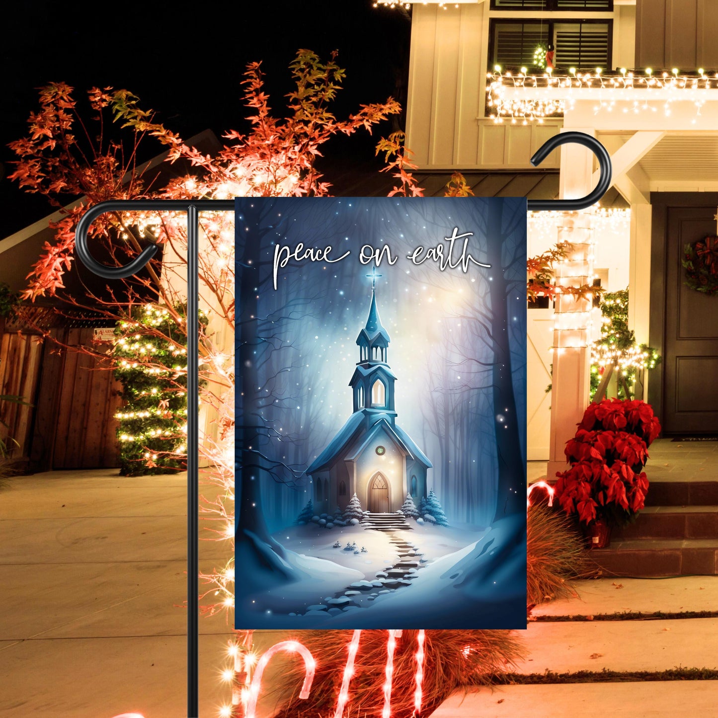 Garden Flag - Vintage Church Winter Scene 12x18 Inch Peace On Earth Design