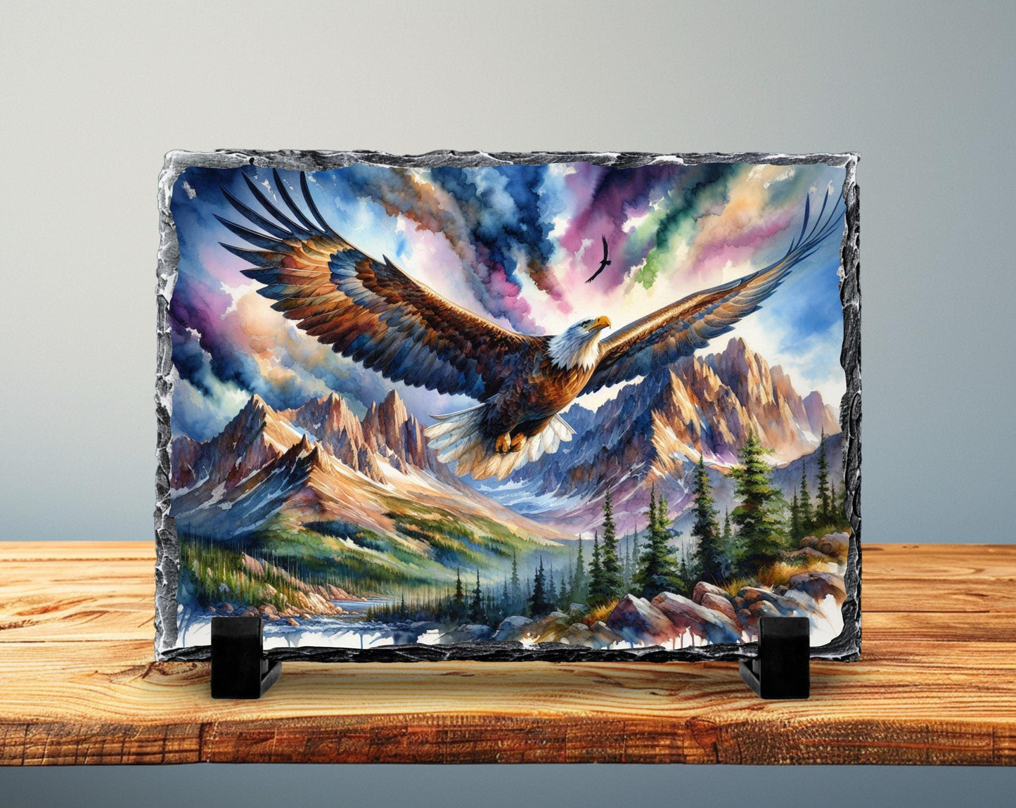 Eagle Slate Art Plaque - Soaring Over Mountain Valley Rustic Wildlife Decor on Fractured Stone