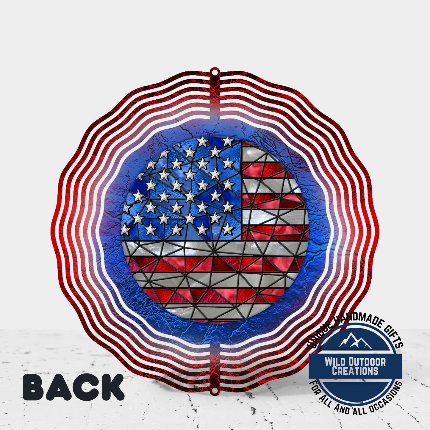 a patriotic design with a circular motif resembling the American flag, surrounded by red and white striped patterns.