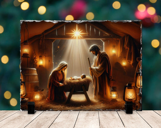 Religious Slate Wall Art - Mary  Jesus Nativity Scene with Fractured Edges - Unique Christmas Home Decor Gift