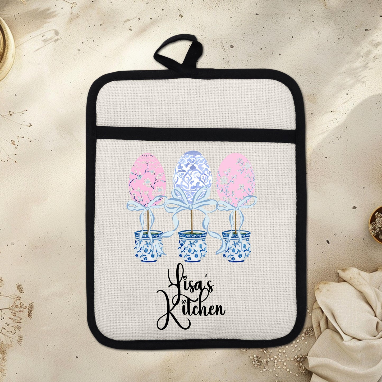 Personalized Easter Pot Holder – Custom Linen Kitchen Gift with Chinoiserie Eggs - lifestyle view