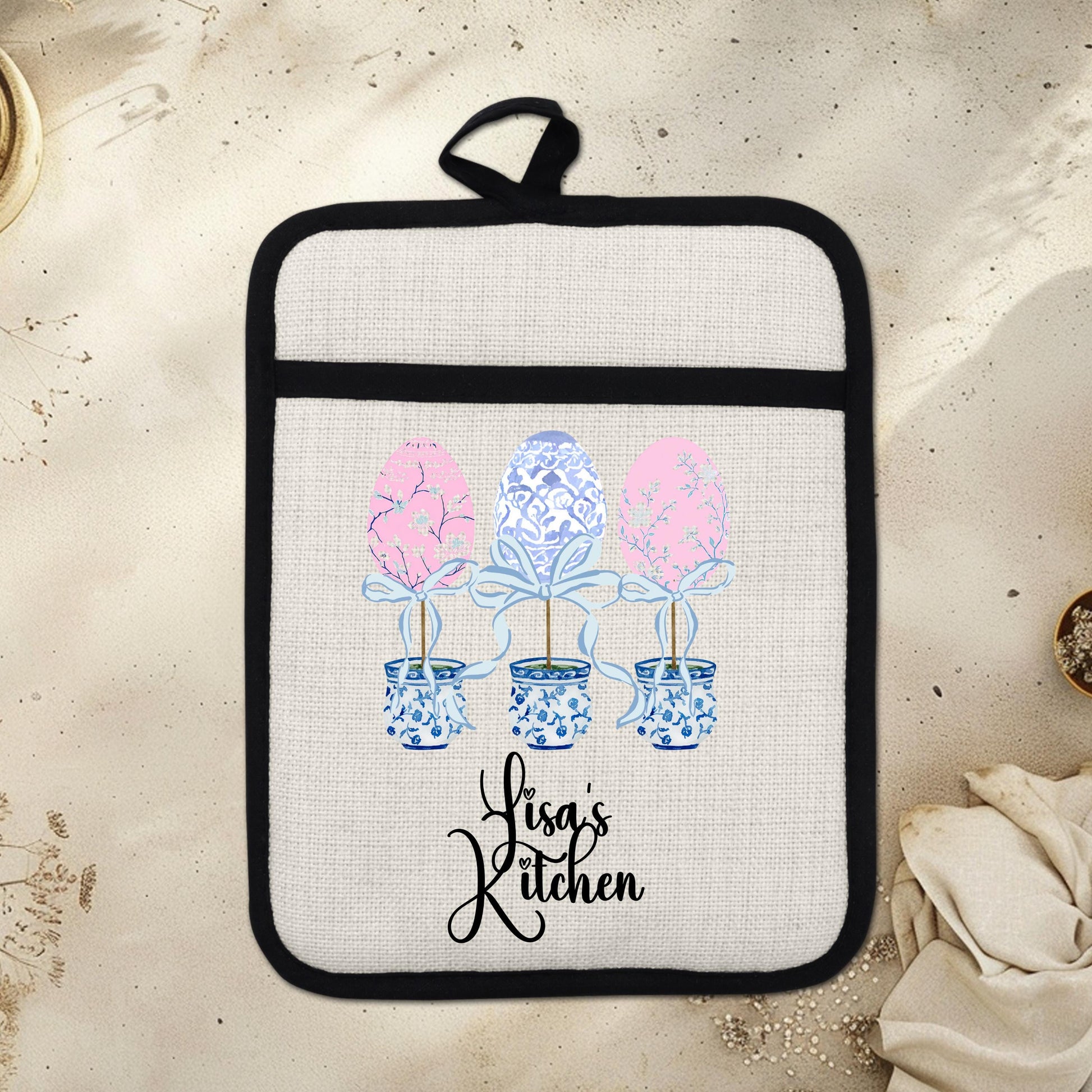 Personalized Easter Pot Holder – Custom Linen Kitchen Gift with Chinoiserie Eggs - lifestyle view