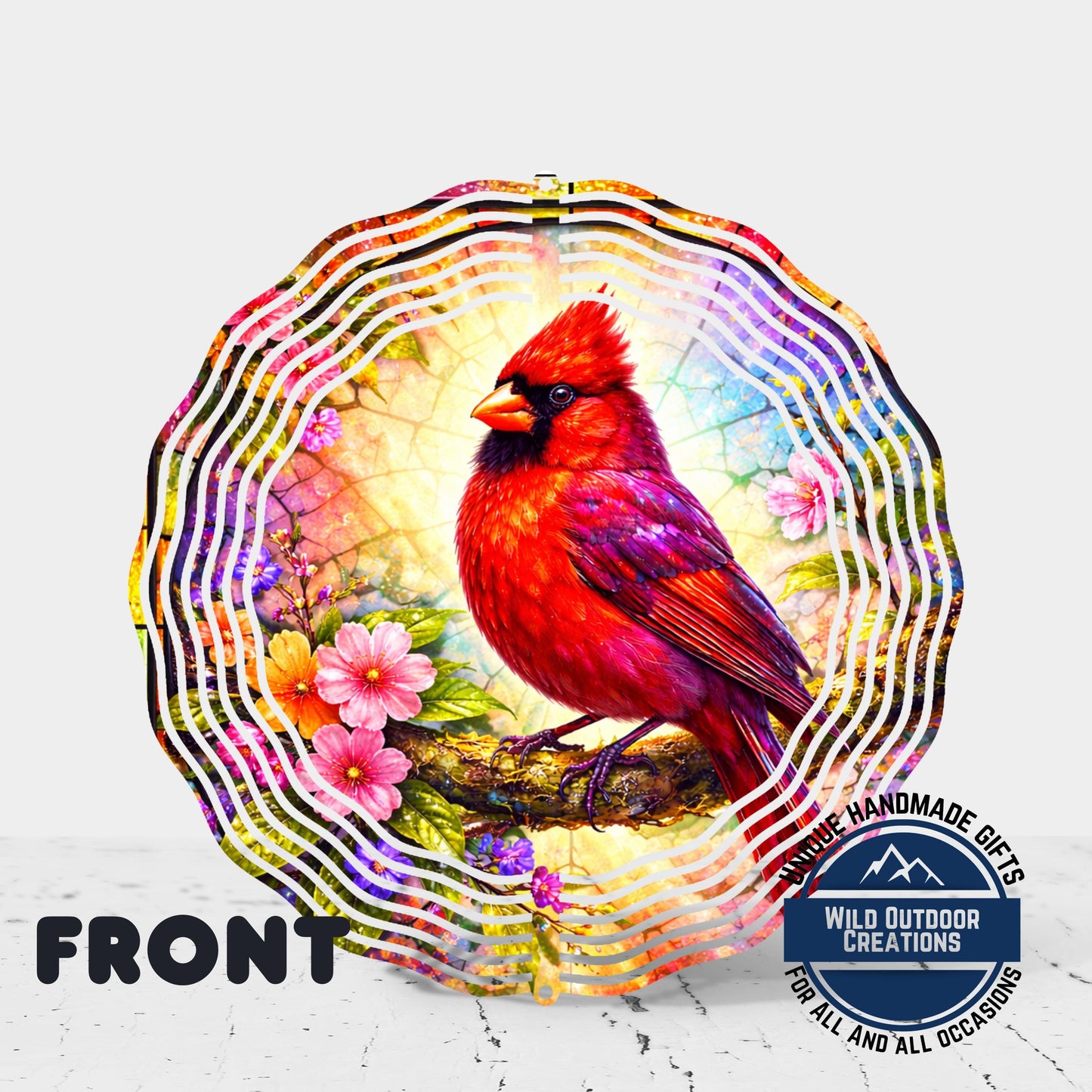 Cardinal Wind Spinner - 10 Inch Aluminum Outdoor Garden Decor With Pink Yellow Flowers