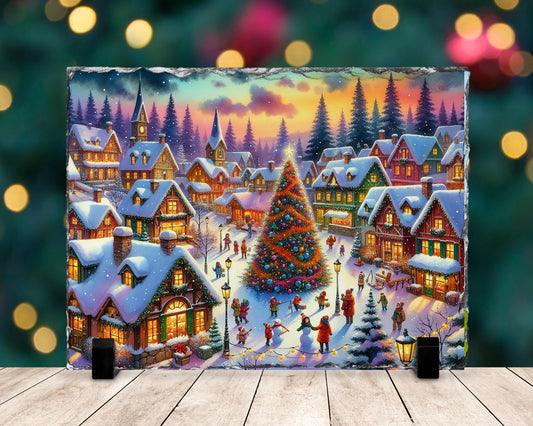 Vintage Christmas Village Slate with Winter Scene and Tree Children  Rustic Holiday Gift