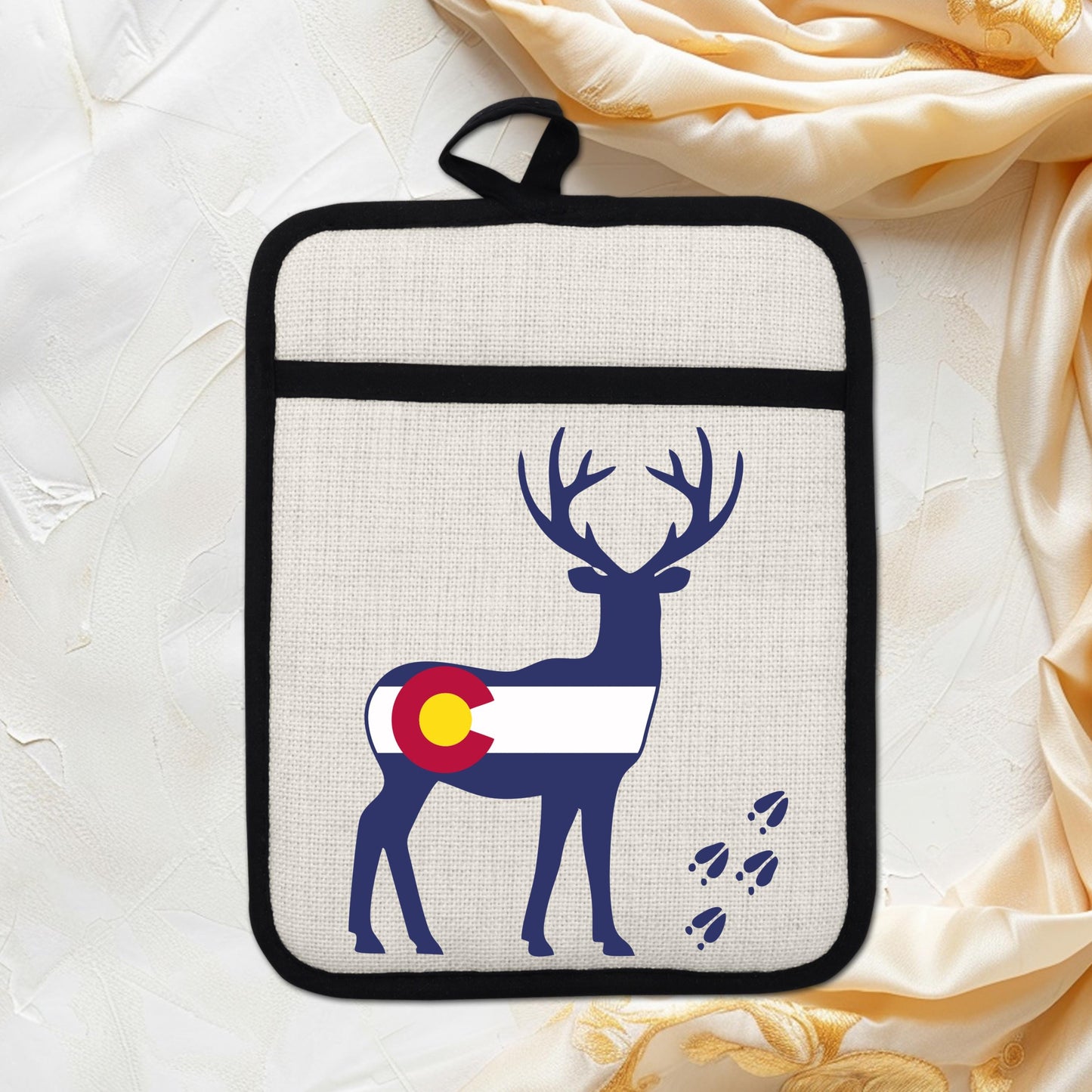 Colorado Deer Pot Holder - Linen Fabric, Silicone Back Trivet with Pocket Grip
