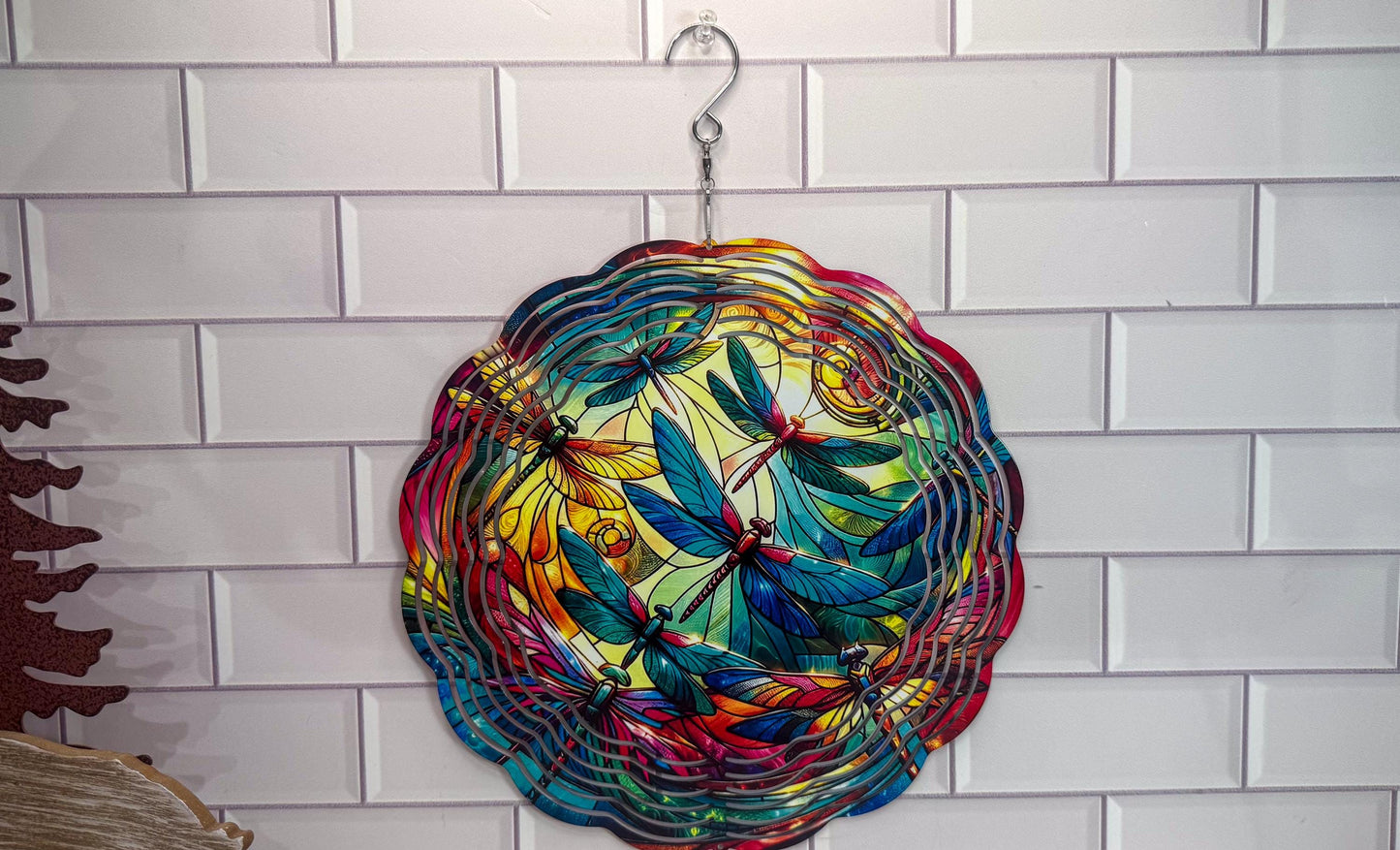 Dragonfly Garden Spinner Faux Stained Glass, UV Protected, 10X10