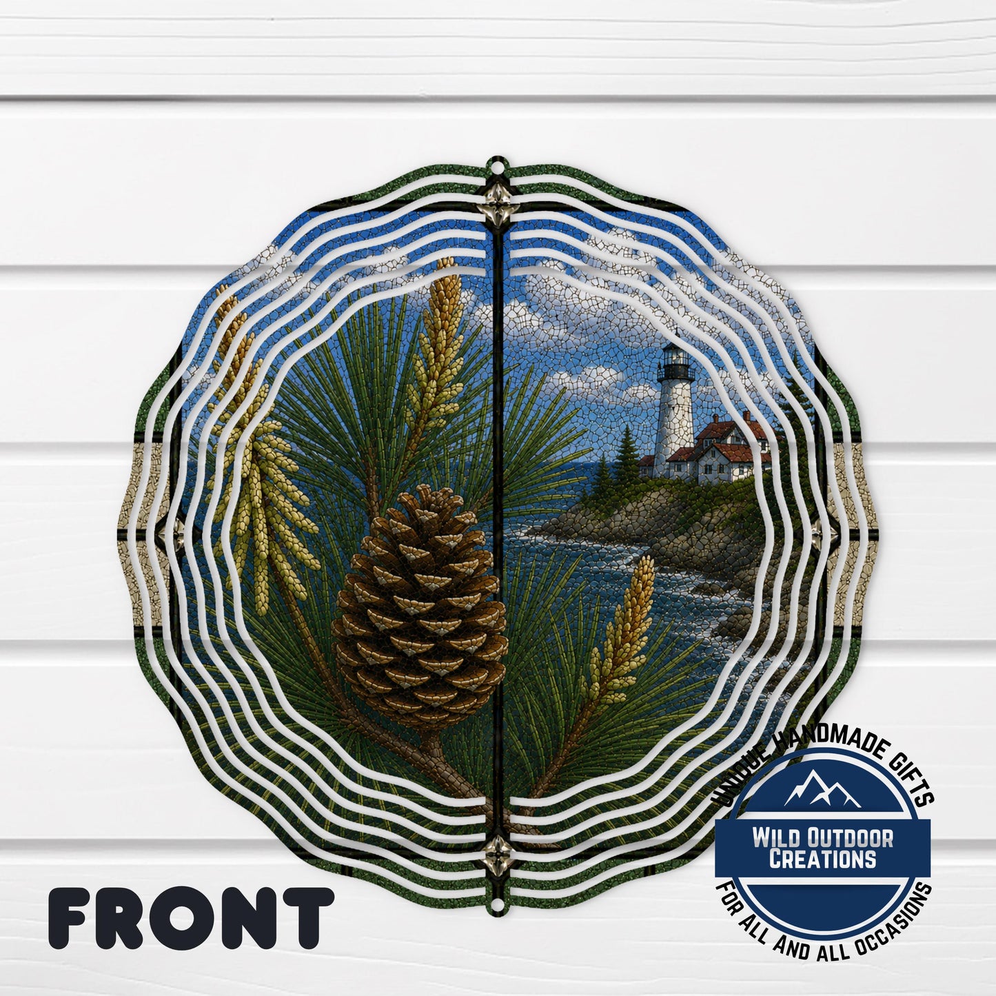 Pine Cone Garden Spinner – Handmade Aluminum Outdoor Wind Spinner with Coastal Lighthouse Design