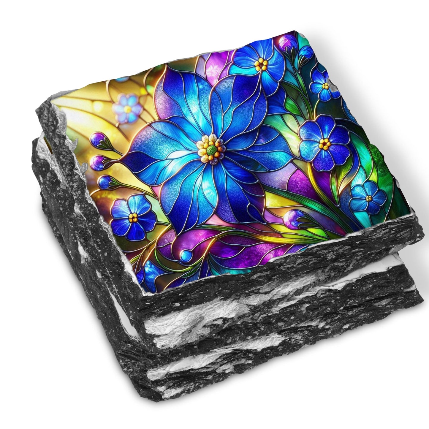 Slate Coaster Set with Faux Stained Glass Forget Me Not Flowers  Black Rack  Handcrafted Alaska State Gift