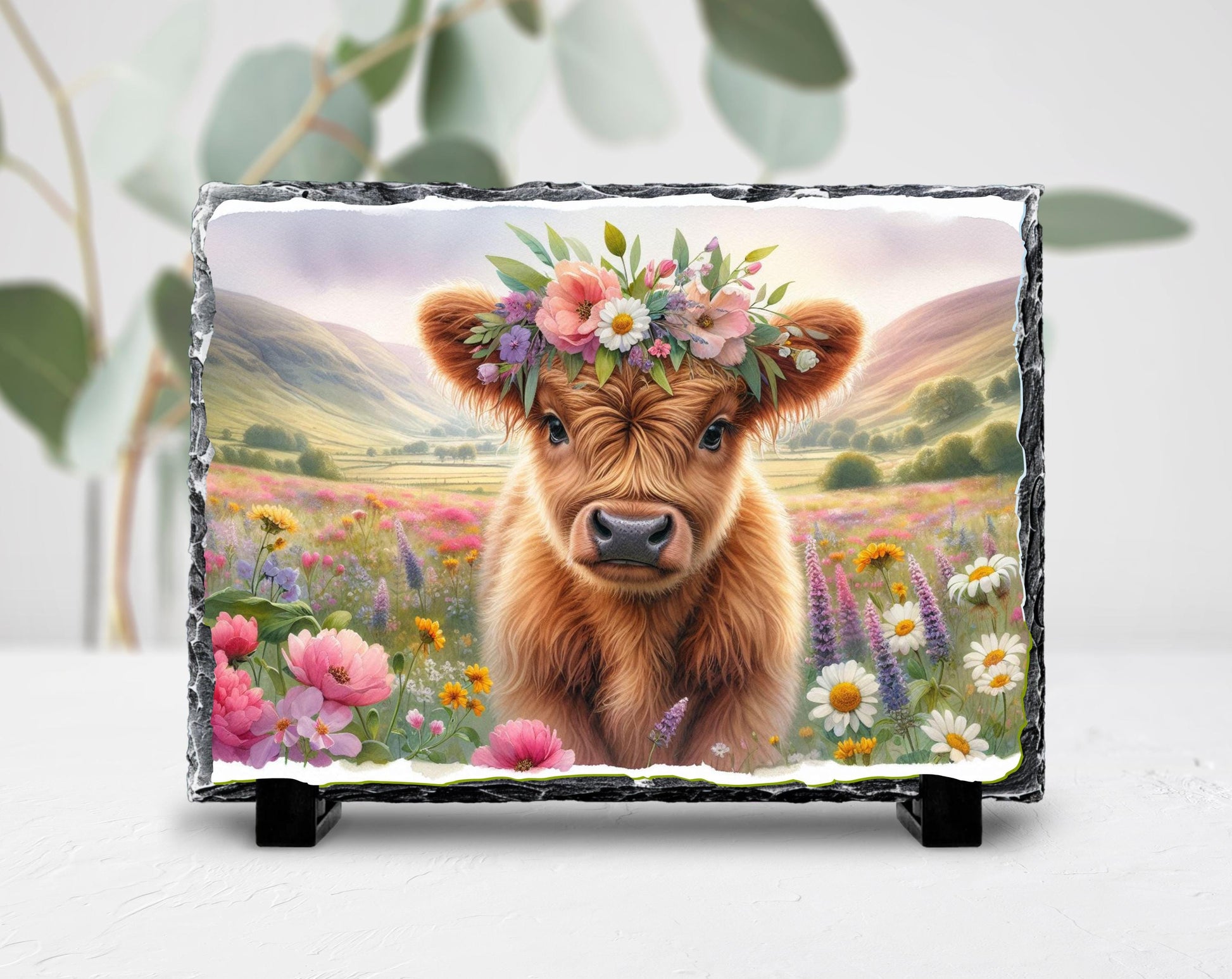 Baby Highland Cow Plaque – Natural Slate Floral Meadow Design, Handmade Slate Art - additional angle