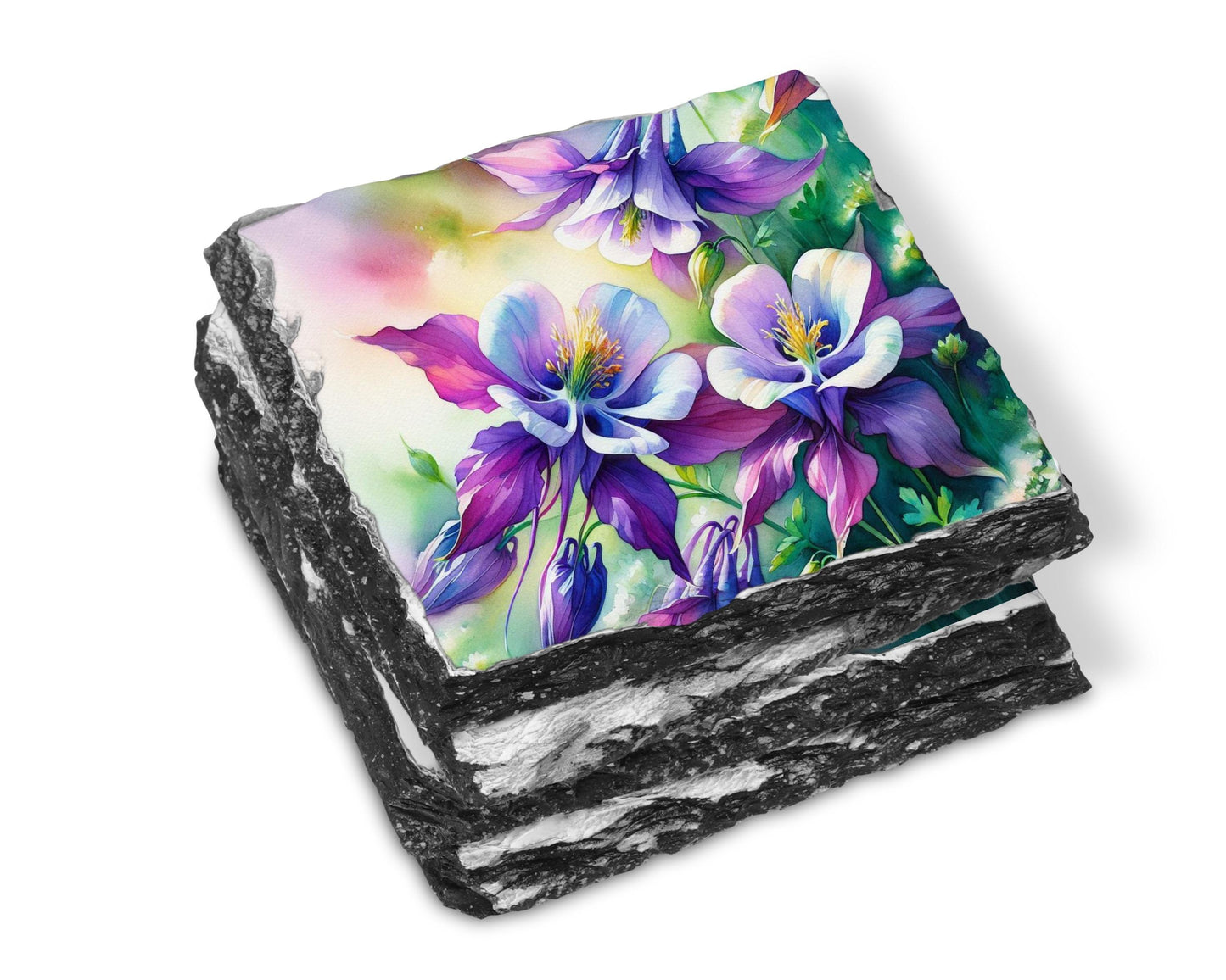 Watercolor Columbine Slate Coaster Set with Fractured Edges - Elegant Nature-Inspired Home Decor