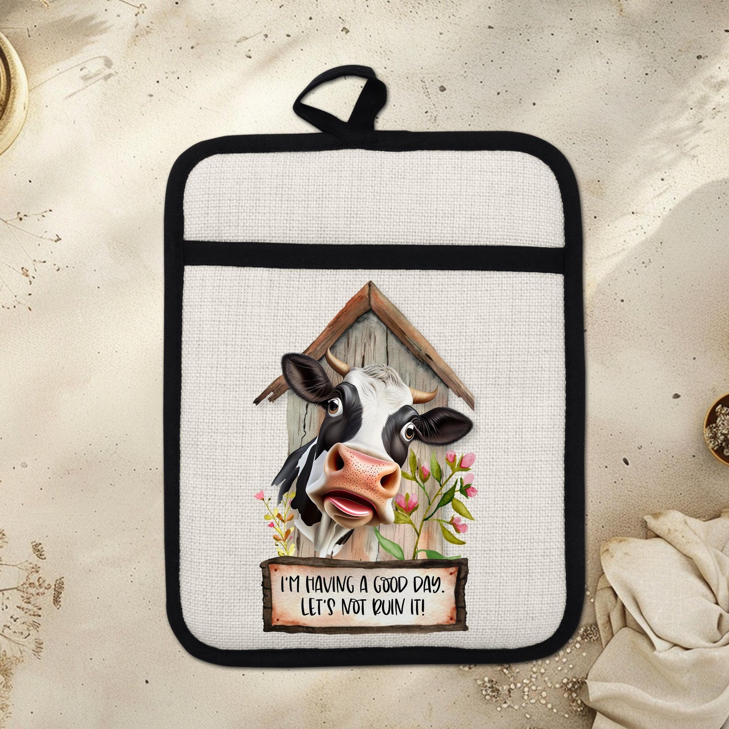 Rustic Funny Cow Pot Holder with Silicone Back  Hanging Loop - 9x7 Linen Hot Pad for Barn Kitchen Decor