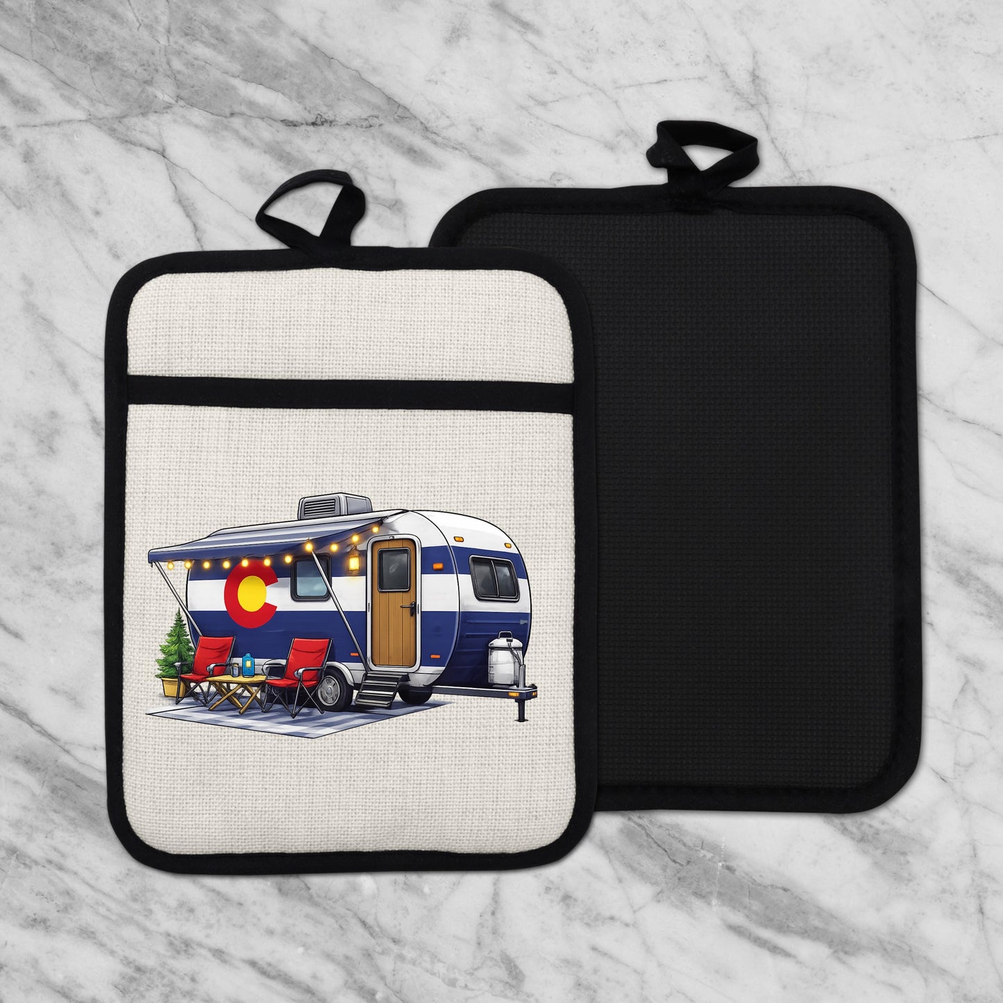 Colorado Camper Pot Holder - Linen Fabric, Silicone Heat Trivet With Loop