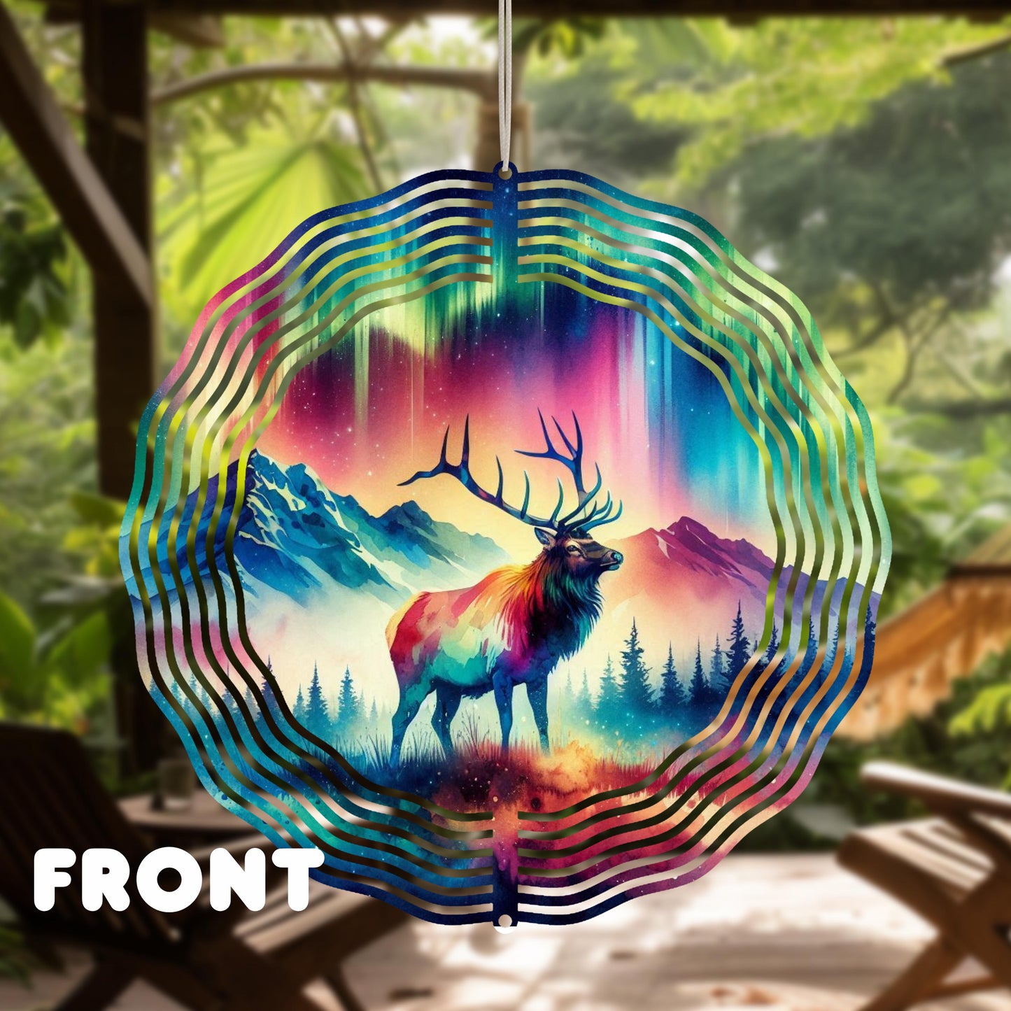 Elk Mountain Valley Wind Spinner - 10x10 Double-Sided UV Outdoor Art with Watercolor Northern Lights