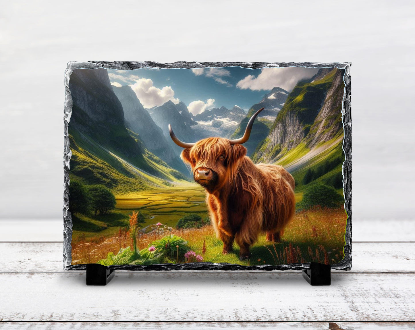 Highland Cow Slate Plaque – Durable Natural Stone Decor with Mountain View