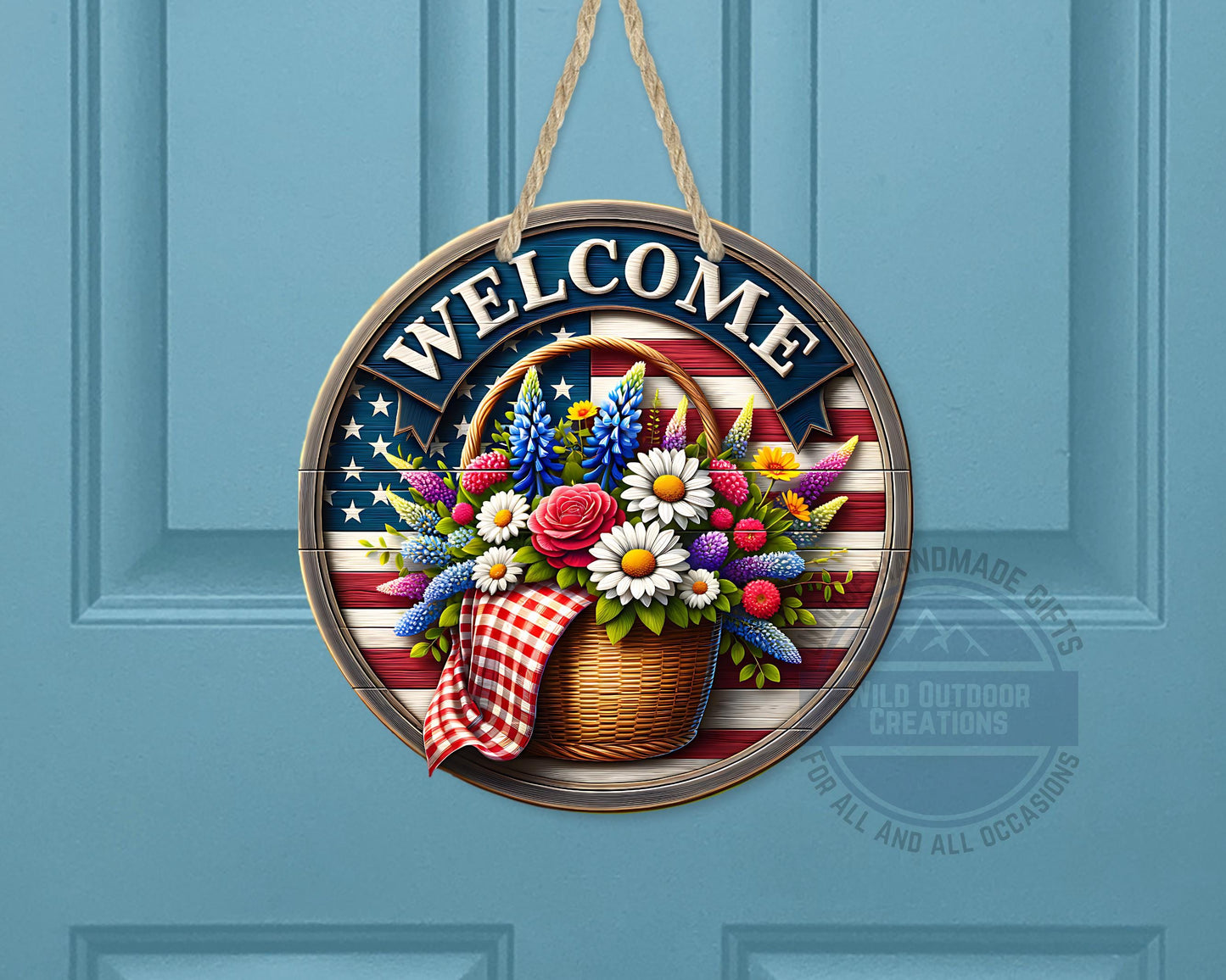 Patriotic Door Hanger - Aluminum Outdoor Sign With American Flag & Floral Basket
