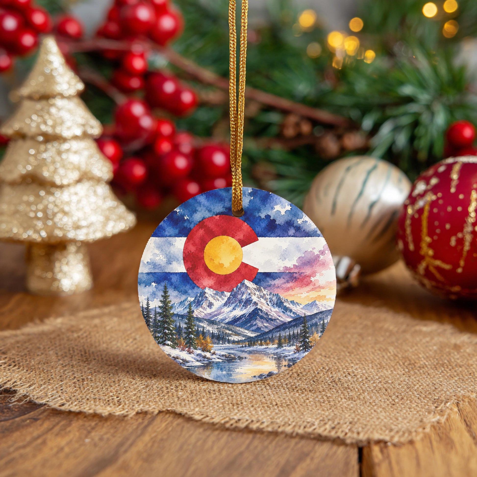 A round ornament featuring the Colorado state flag is displayed on a burlap cloth, surrounded by Christmas decorations such as a gold glitter tree, red berries, and ornaments.