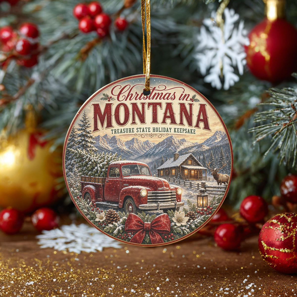 Montana Christmas Ornament, Rustic Cabin Scene | Ceramic, 3 Inch