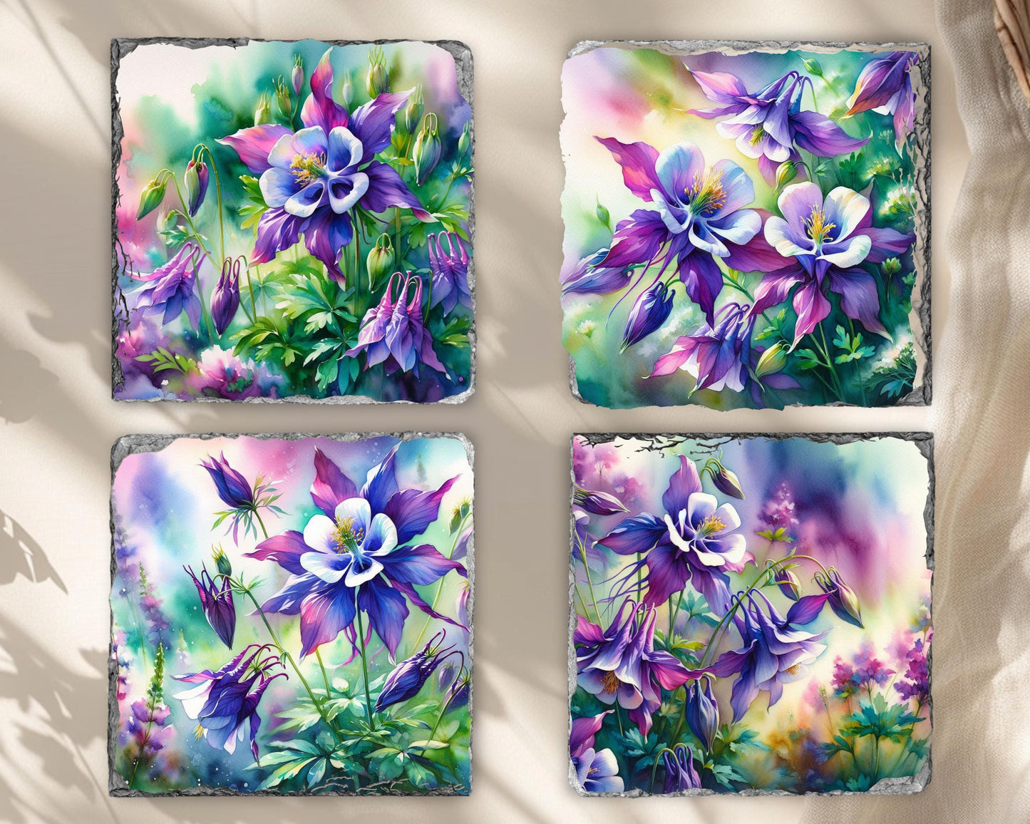 Watercolor Columbine Slate Coaster Set with Fractured Edges - Elegant Nature-Inspired Home Decor
