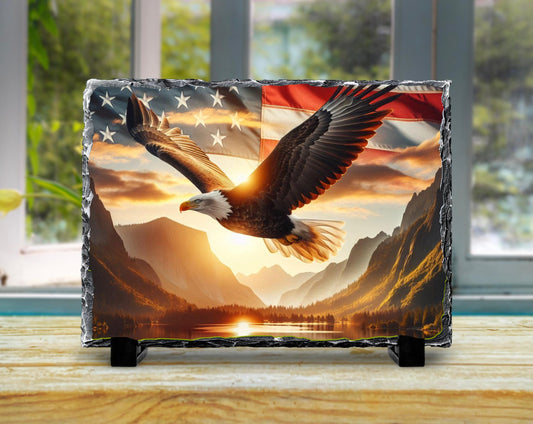 Patriotic Slate Sign - Bald Eagle Decor with American Flag Art, Rustic Slate Sign