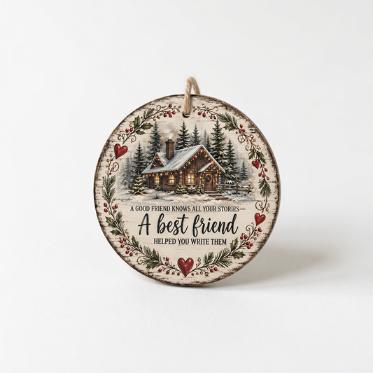 A wooden ornament with a winter scene and a quote about friendship.