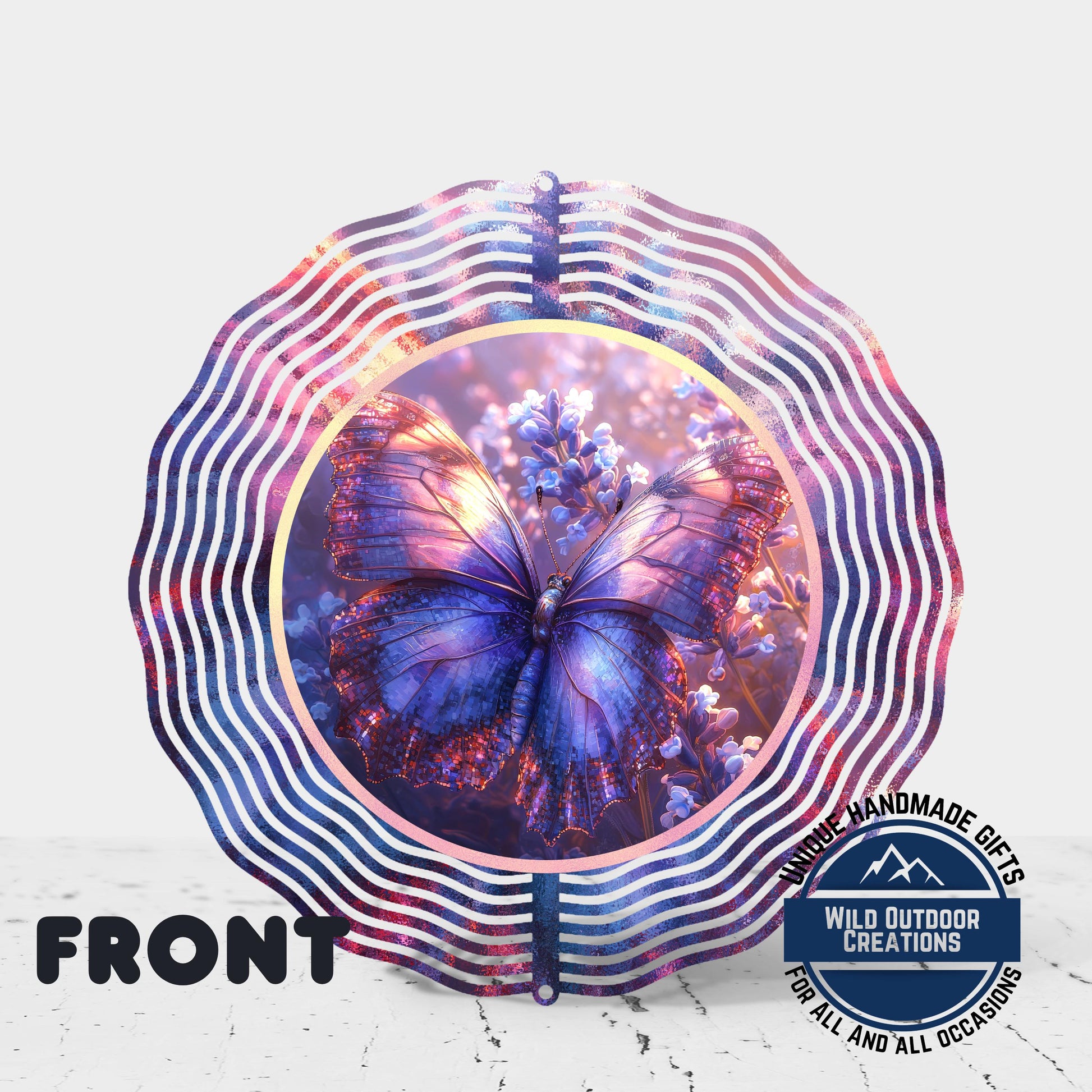 Butterfly Wind Spinner - Purple Blue Aluminum Garden Art | 360° Swivel Outdoor Décor - back side design view