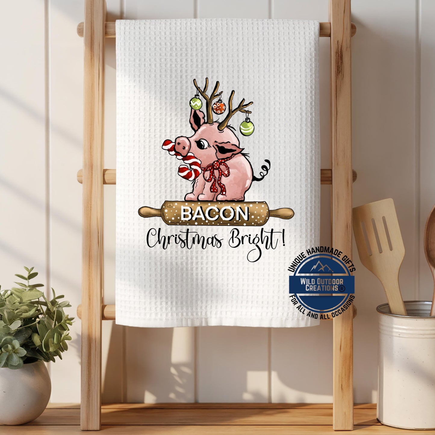 Reindeer Pig Christmas Kitchen Towel Bacon Funny Farmhouse Waffle Weave Holiday Decor Gift