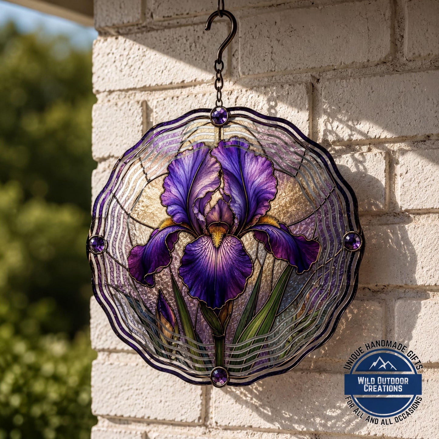 February Birth Flower Iris Wind Spinner 10 Inch Faux Stained Glass Metal Garden Decor