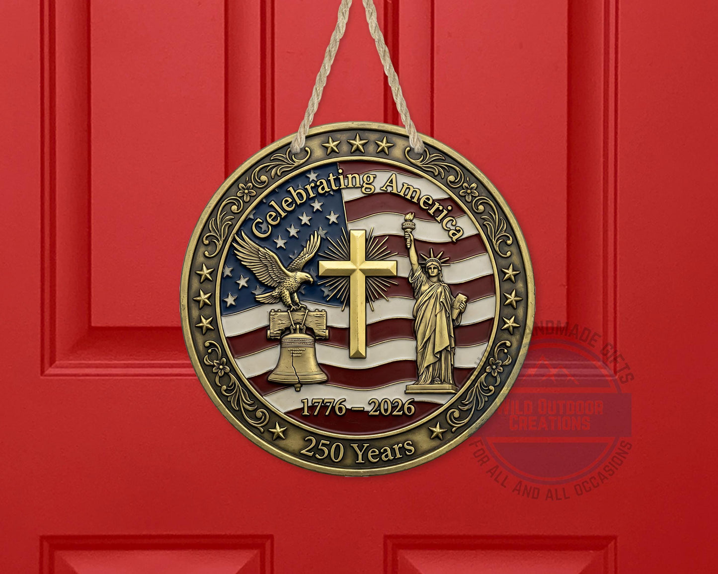 Patriotic Door Decor - America 250 Years Aluminum Door Sign 10" USA Hanger