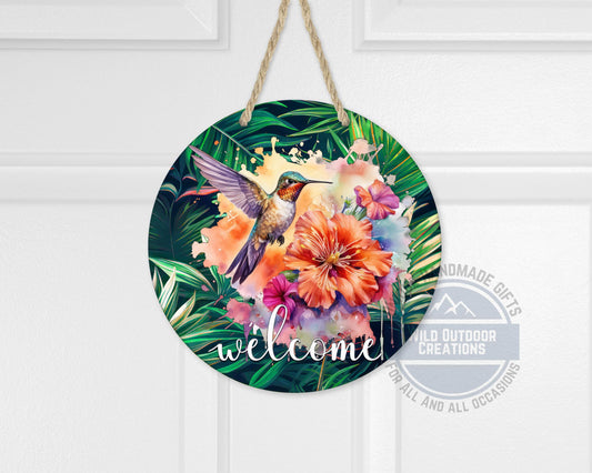 Tropical Hummingbird Door Hanger - Colorful Floral Welcome Sign with Fade Resistant Print