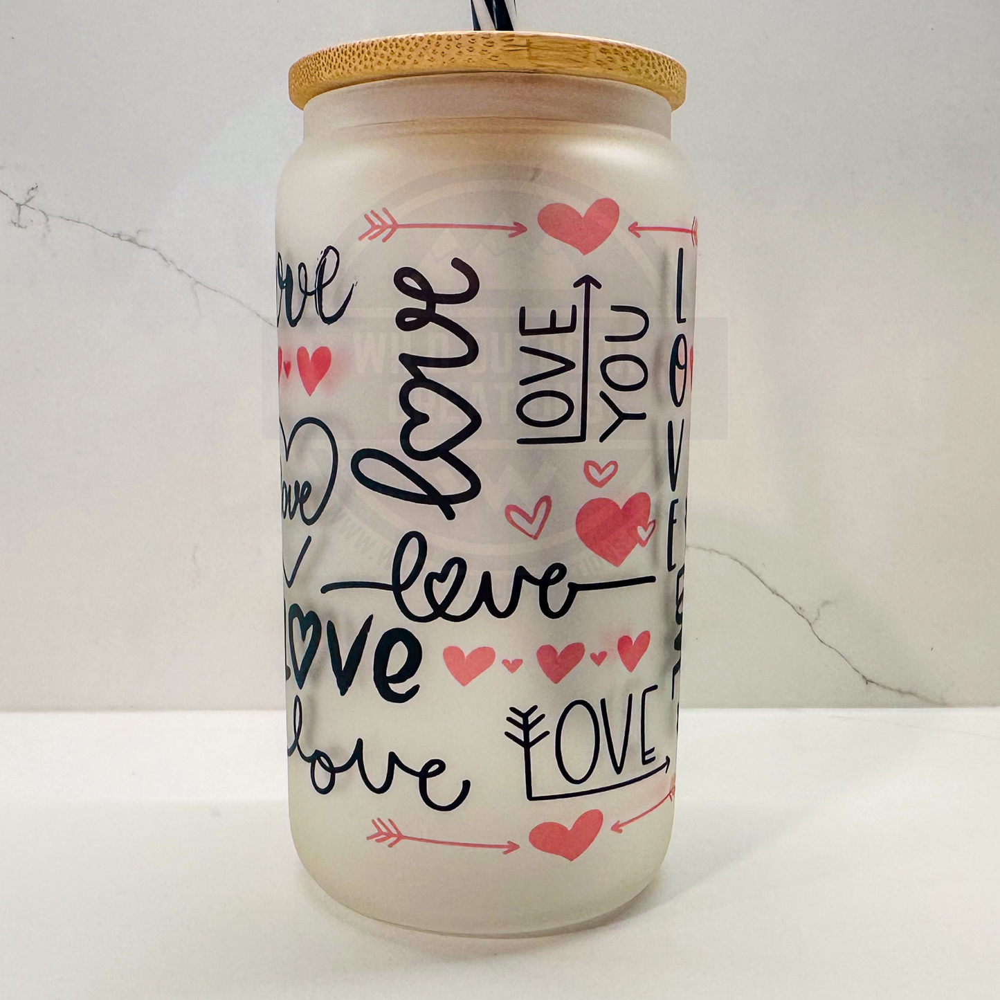 Iced Coffee Cup with Hearts, 16oz Glass Tumbler with Lid and Straw