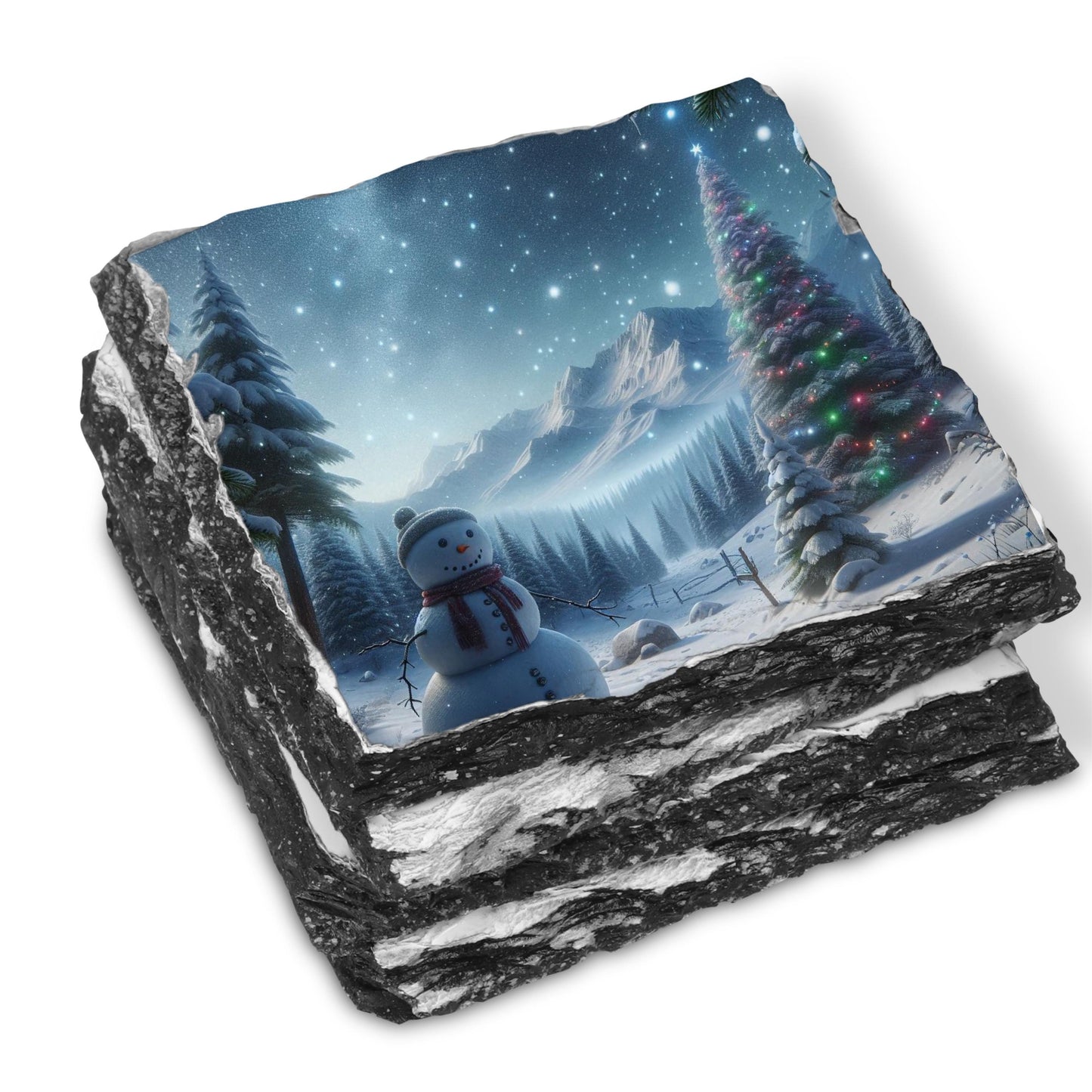 Slate Coaster Set with Festive Snowman  Mountain Scene - 4 Sublimation Coasters and Black Storage Rack for Winter Decor Gift