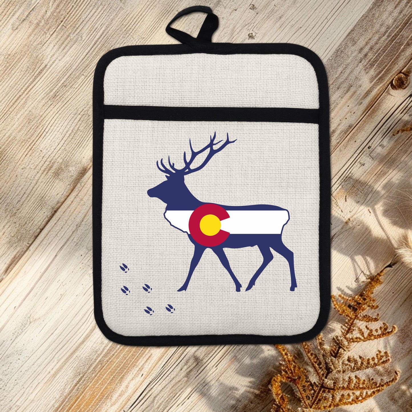 Elk Pot Holder - Colorado Linen With Silicone Back, Heat Resistant Trivet 9x7 Inches