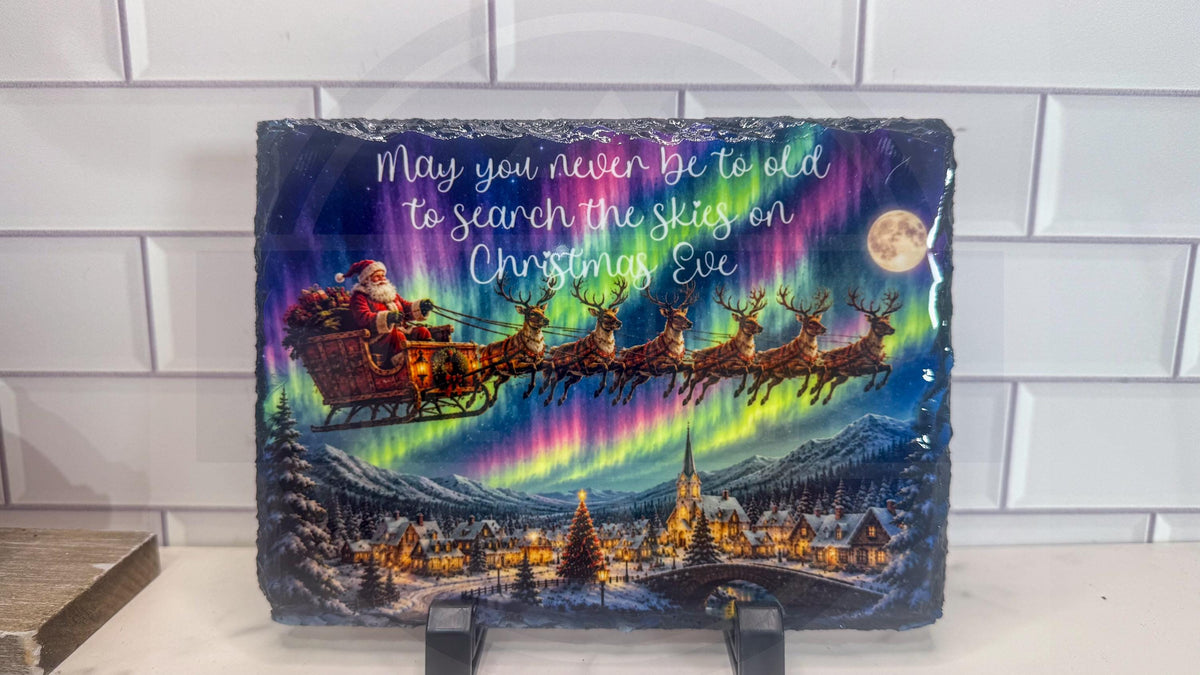 Santa Sleigh Northern Lights Slate Plaque, Christmas Eve Quote Wall Art