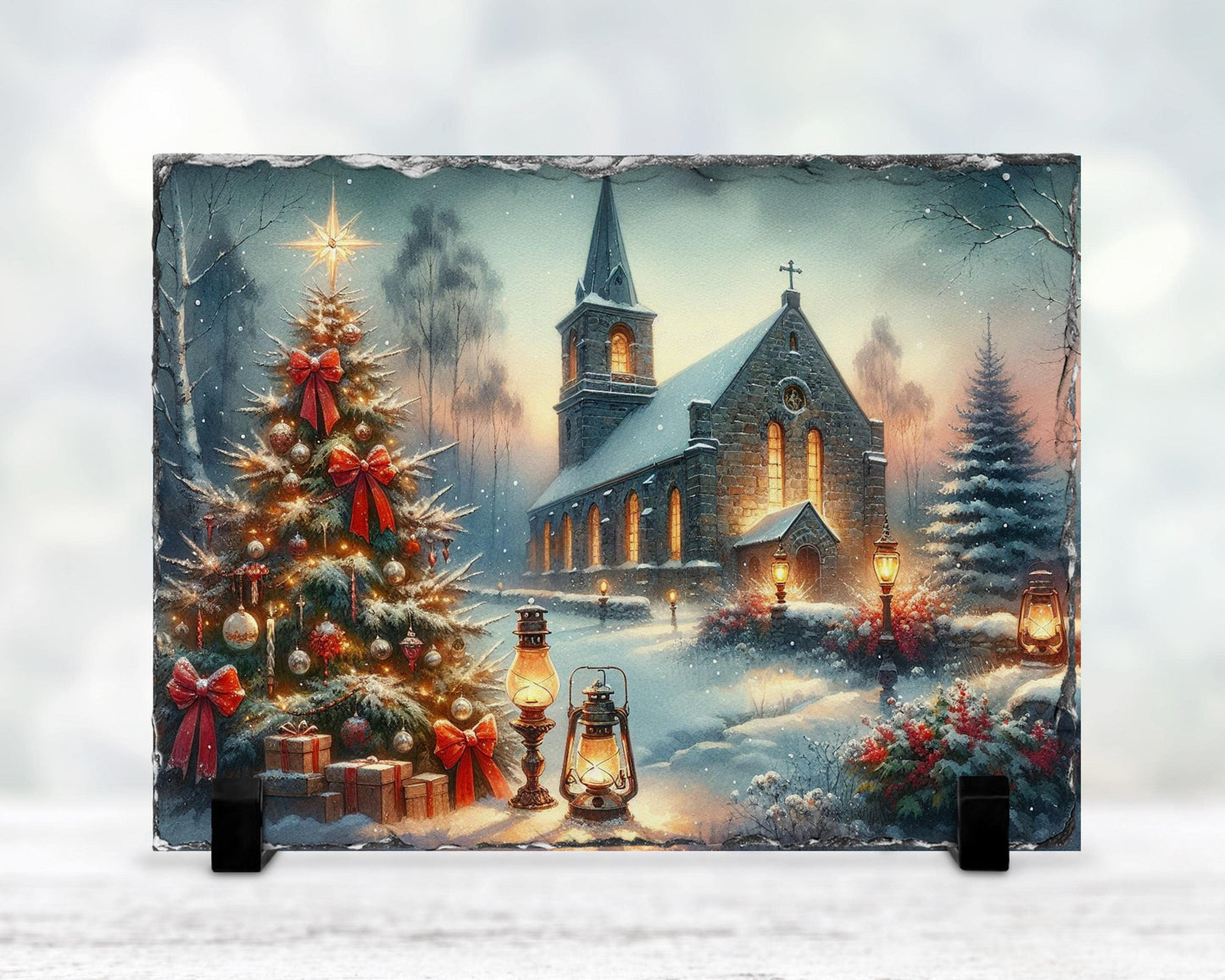 Vintage Winter Church Slate, Christmas Scene with Trees, Gifts & Oil Lamps