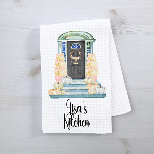 Personalized Fall Front Door Towel, Autumn Porch Scene, Fall Hostess Gift, Thanksgiving Gift
