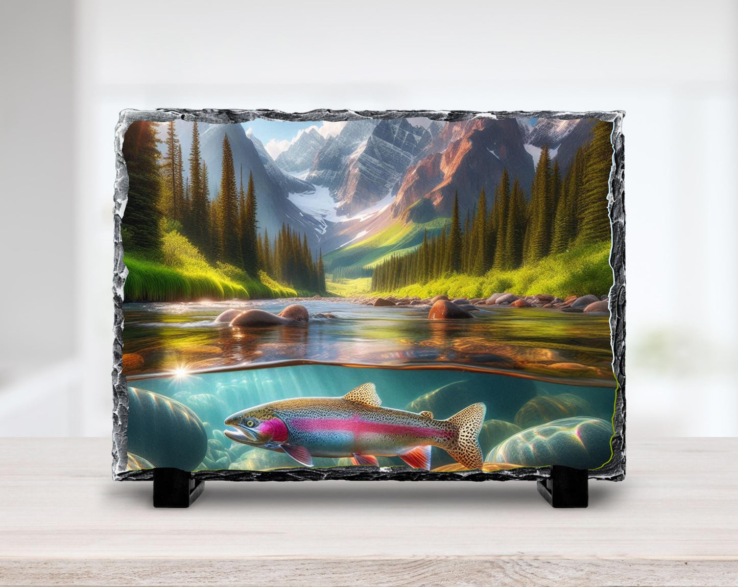 Nature-Inspired Slate Art featuring Rainbow Trout  Rustic Mountain Stream Wall Decor for Outdoor Enthusiasts