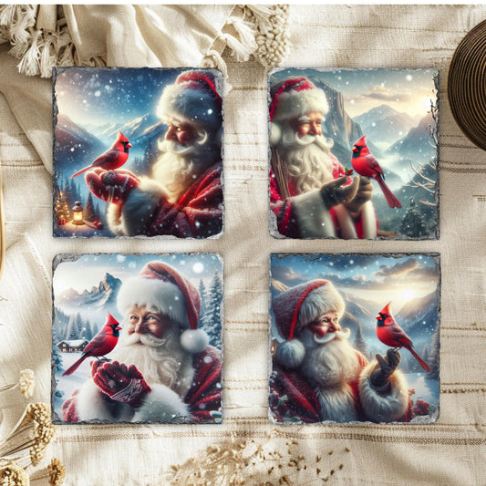 Slate Coaster Set with Santa  Cardinal Winter Scene - Fractured Edged Coasters for Holiday Decor  Gifting