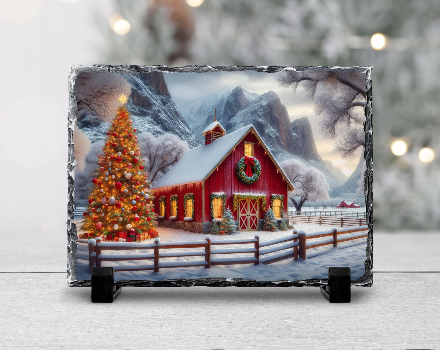 Rustic Slate Plaque with Christmas Barn Scene Tree  Wreath  Perfect Holiday Gift