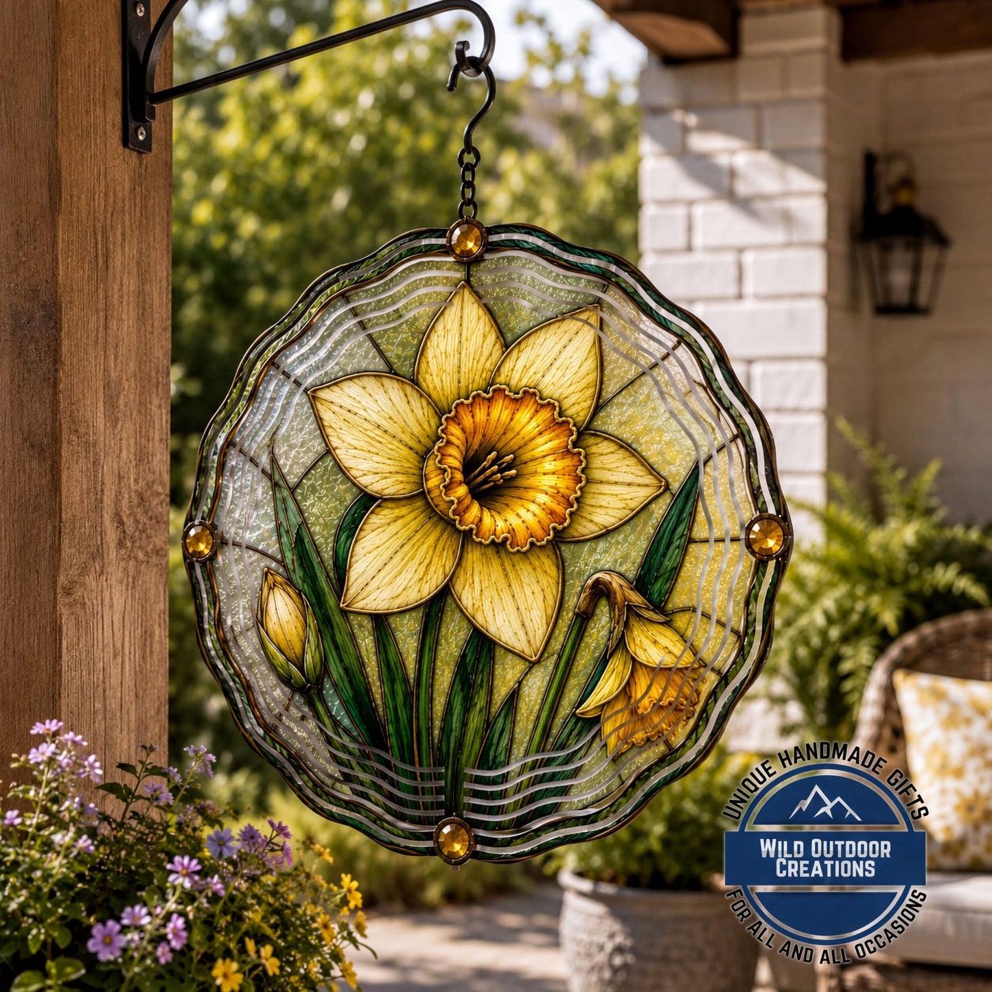 March Birth Flower Daffodil Wind Spinner 10 Inch Faux Stained Glass Metal Garden Decor