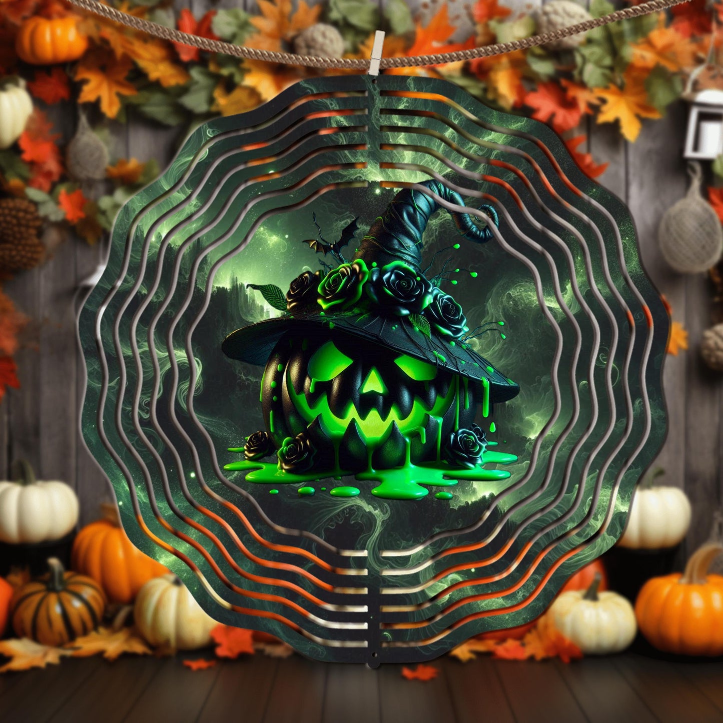 Jack-O-Lantern Wind Spinner - Neon Green UV-Protected Aluminum Garden Decor