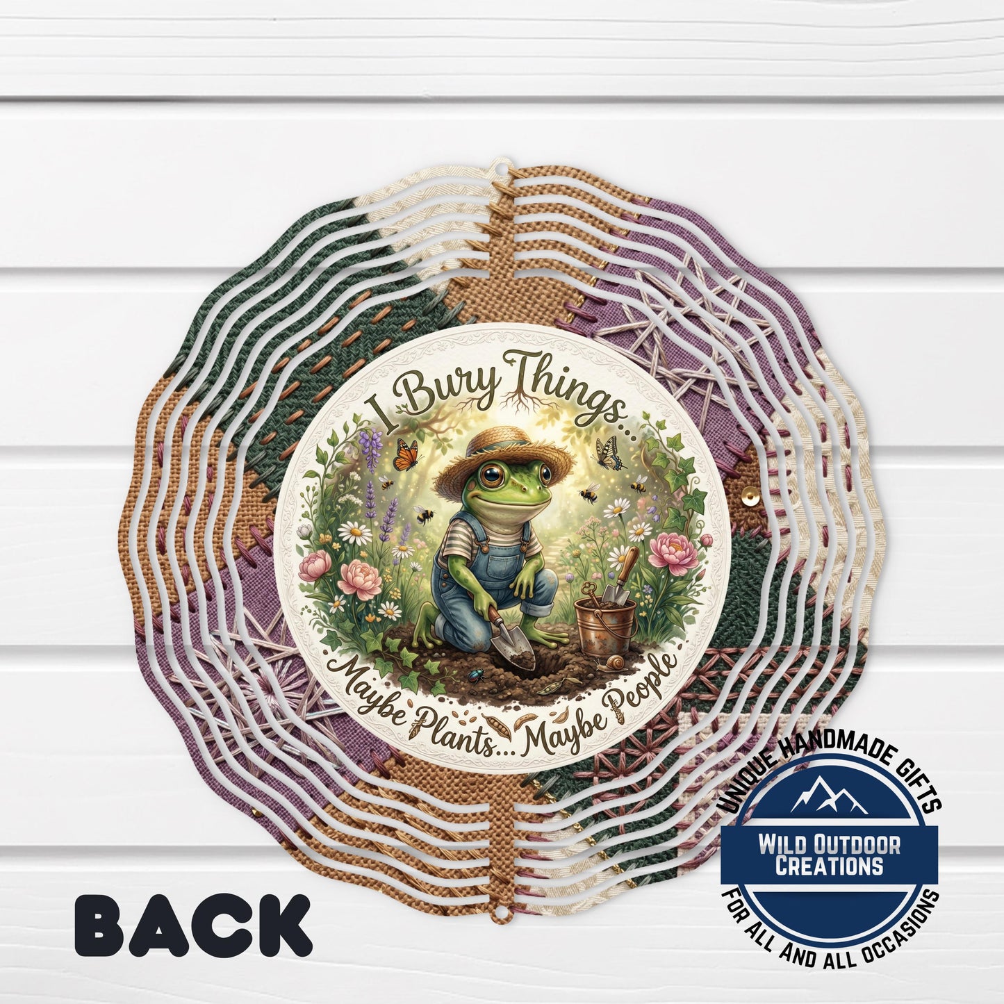 Frog Wind Spinner - Double Sided Aluminum Garden Spinner with Rustic Floral Accents