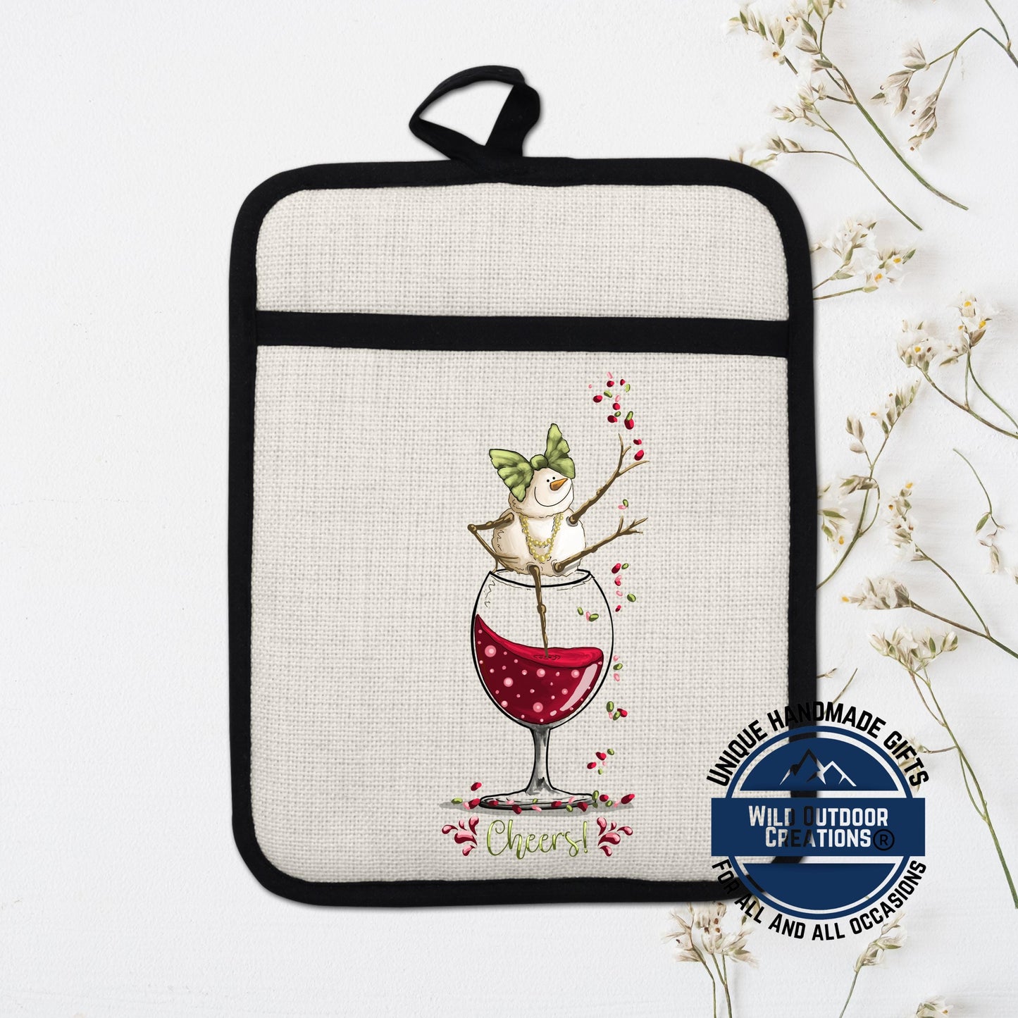 Wine Snowman Pot Holder Linen Hot Pad Cheers Kitchen Gift Wine Lover