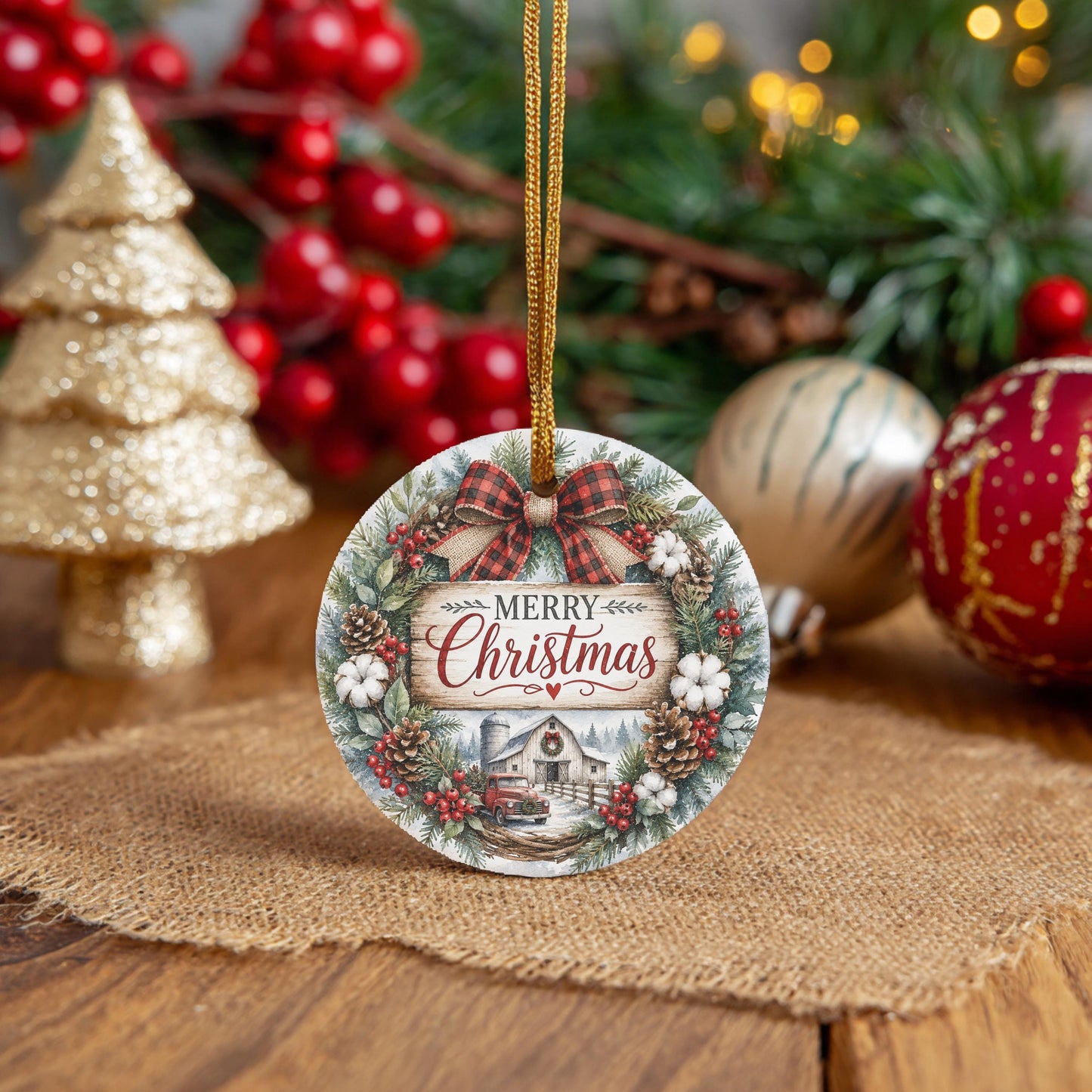 Ceramic Christmas Ornament, Farmhouse Wreath Scene, 3 Inch, Ribbon