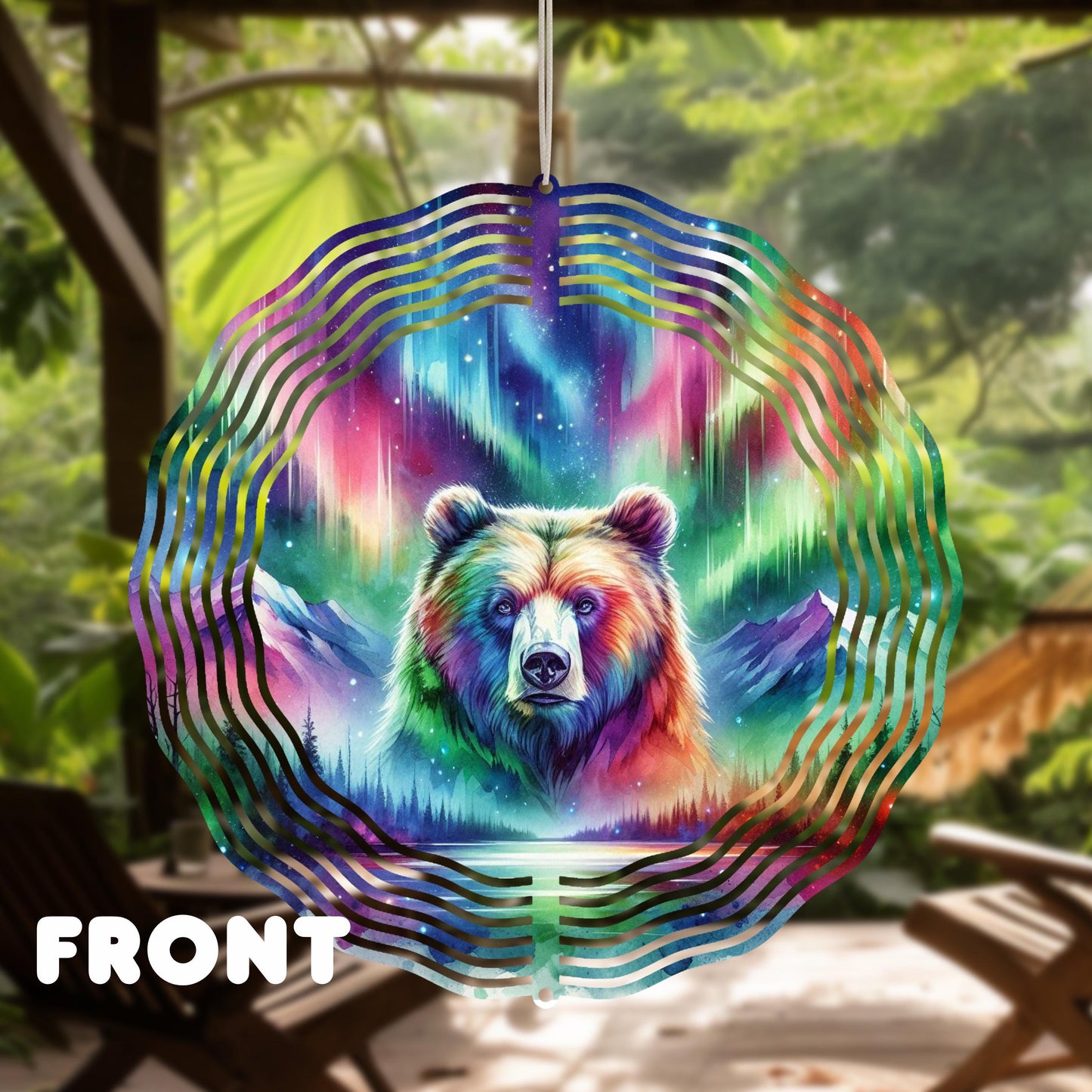 Bear Northern Lights Wind Spinner - 10x10 Double-Sided UV-Coated Outdoor Décor