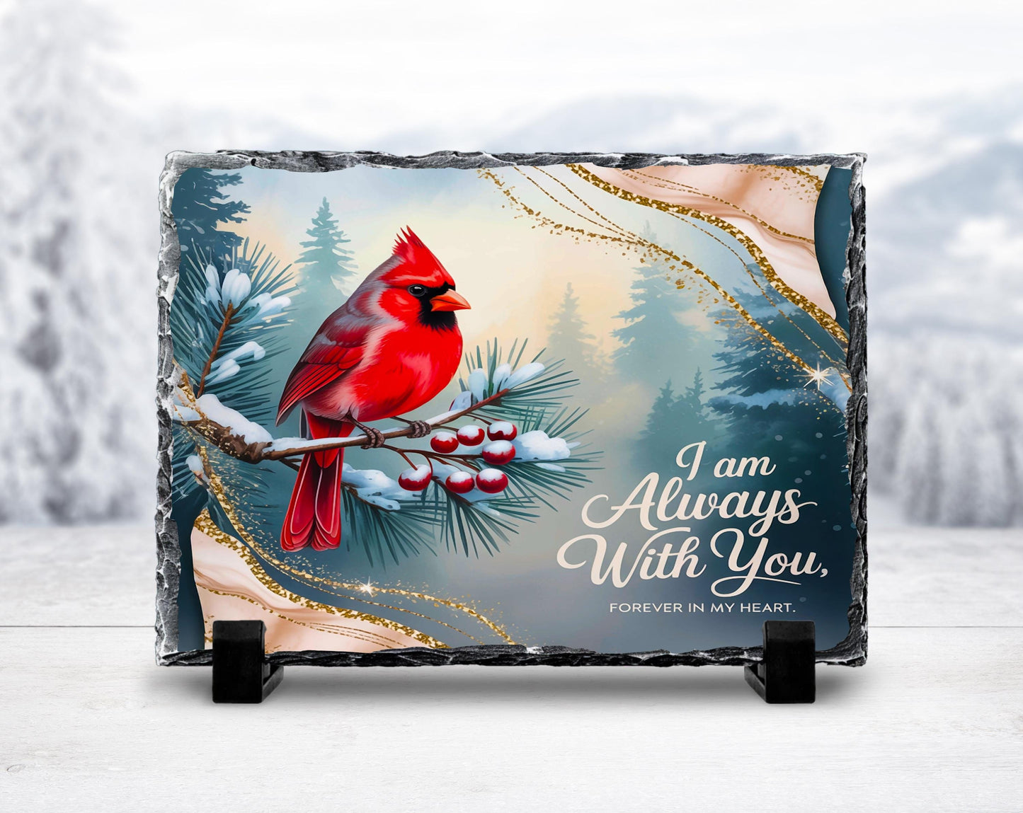 Red Cardinal Slate Plaque with Fractured Edges Holly and Heartfelt Quote
