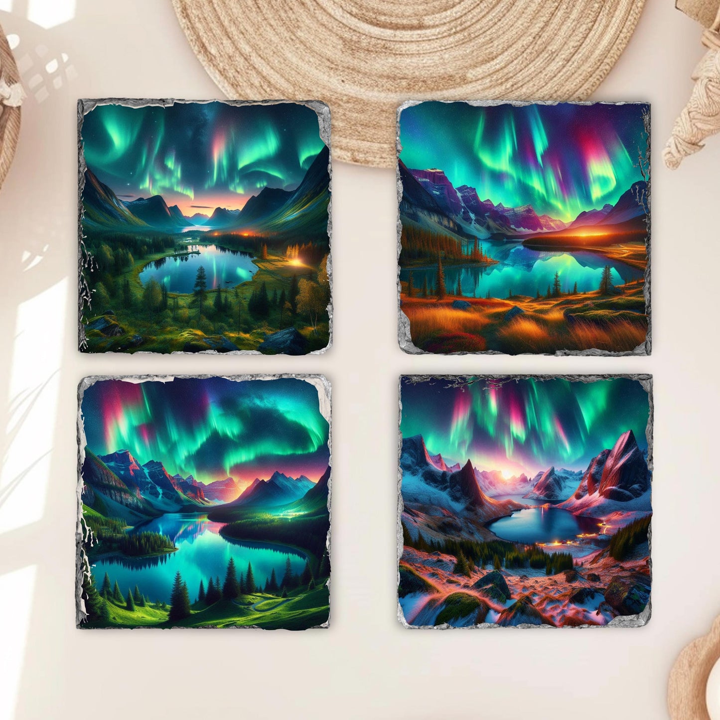 Mountain Lake Northern Lights Slate Coaster Set with Black Rack - Perfect Gift for Nature Lovers Featuring 4 Scenic Images and Fractured Edges