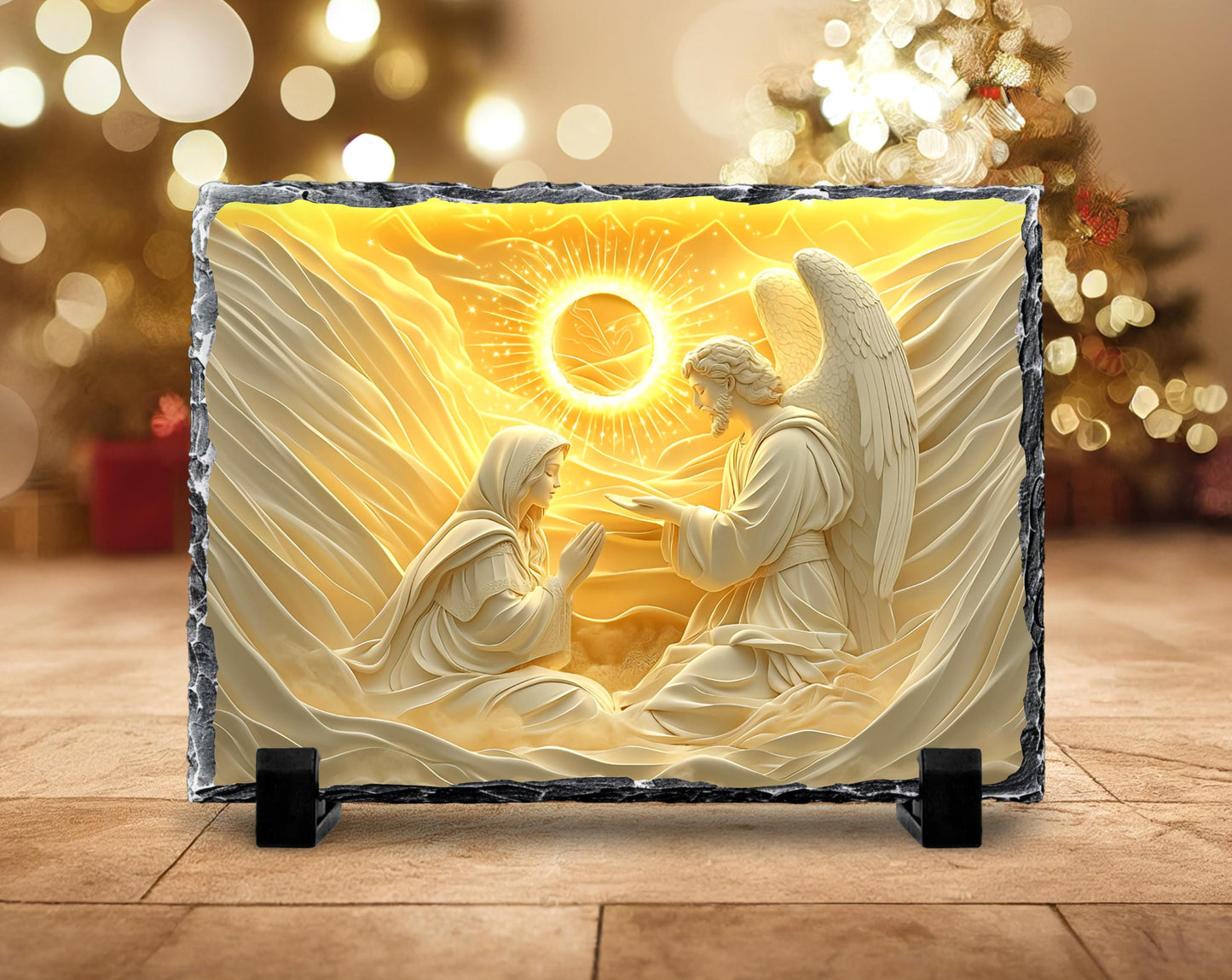 3D Mary with Angel Slate Plaque - Gold Sun Design Fractured Edges