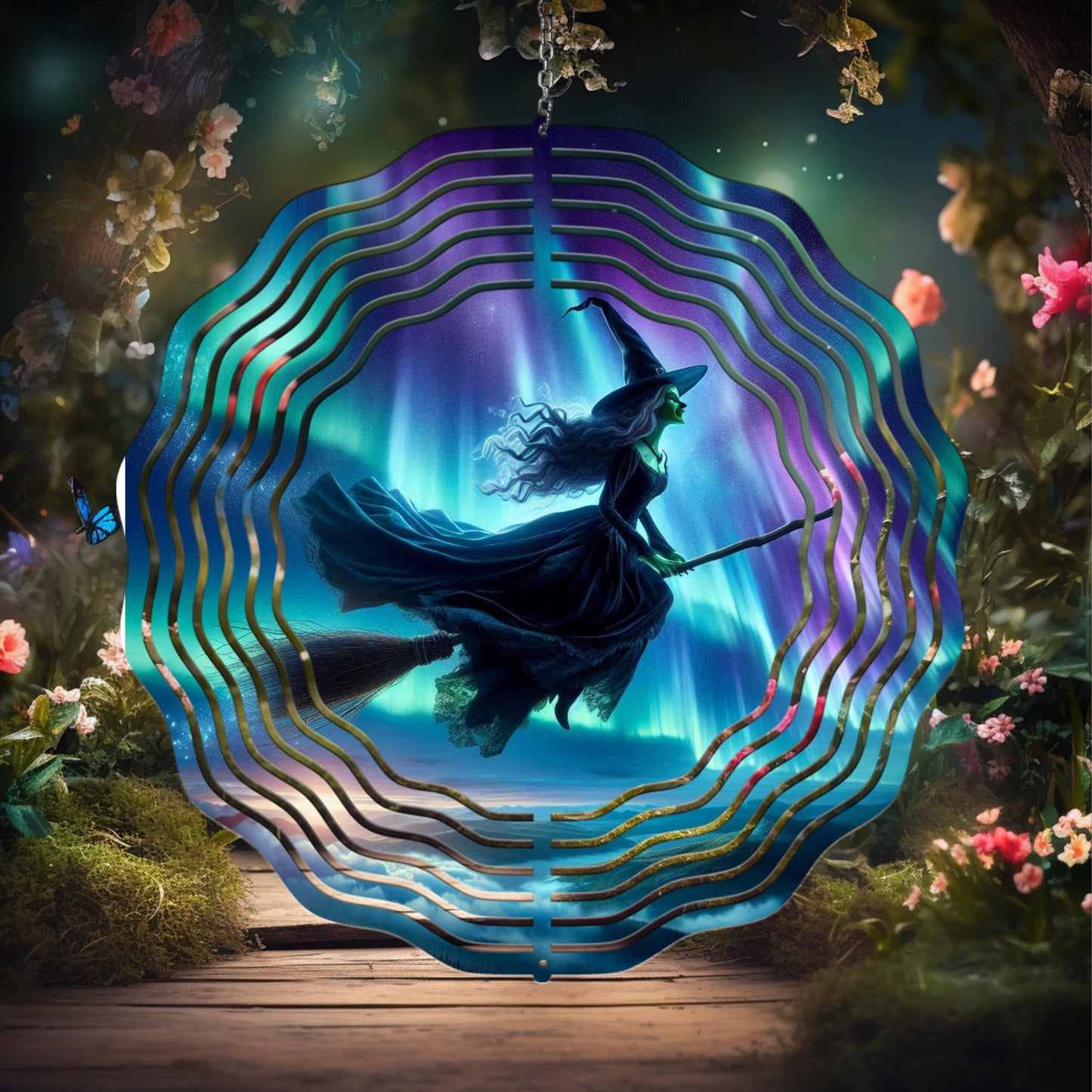 Witch on Broom Wind Spinner - Aurora Borealis Aluminum Outdoor Art for Enchanting Yard Decor