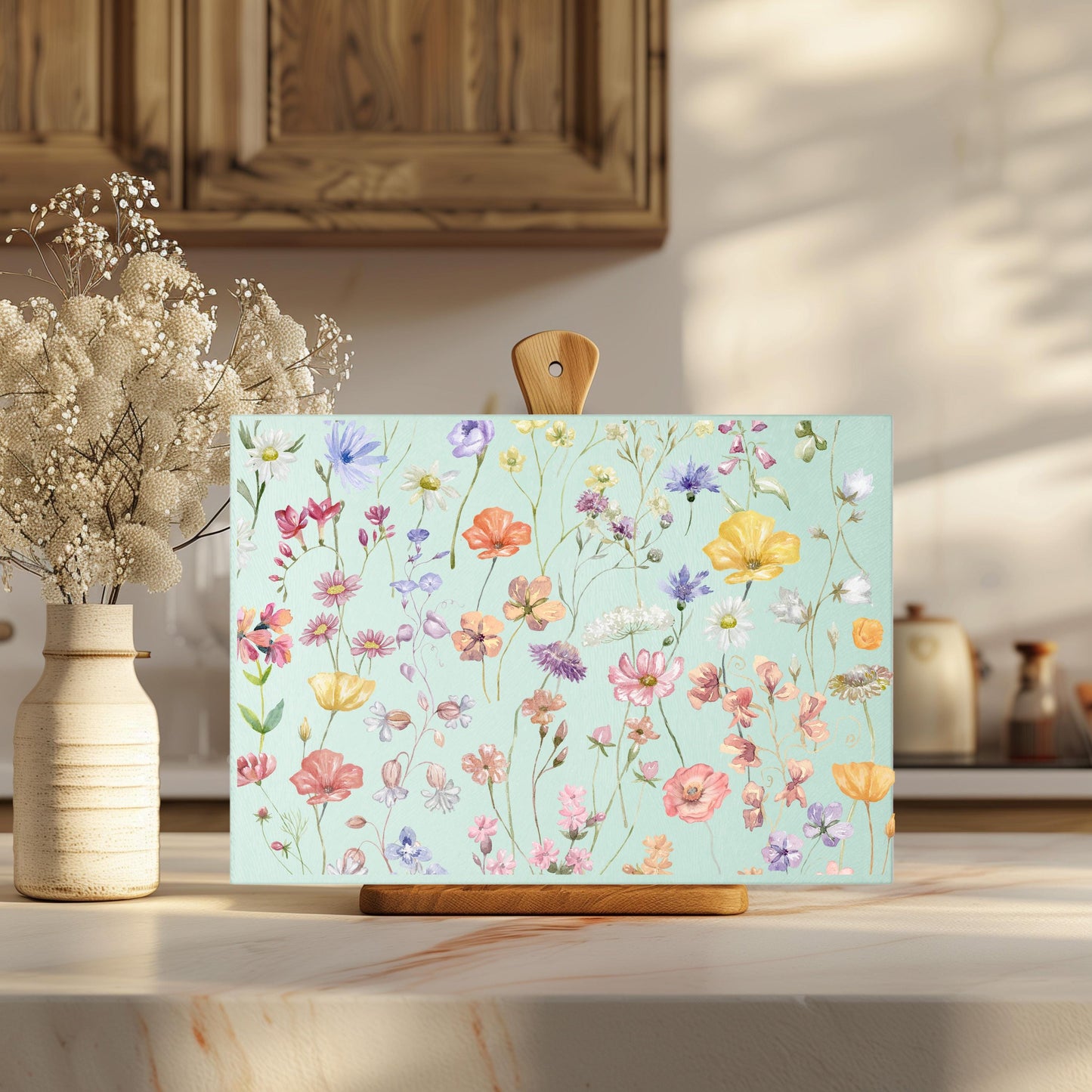 Boho Wildflowers Glass Cutting Board, Unique Kitchen Decor, Hostess Housewarming Gift, Unique Gift for Bride, Charcuterie Board, Textured